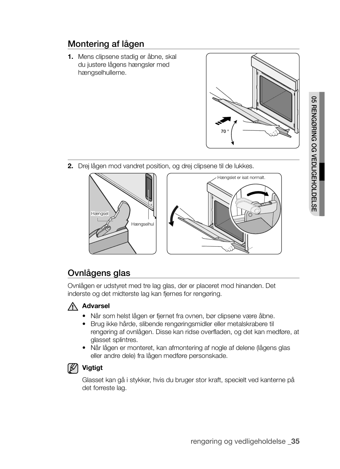 Samsung BF3Q4T098/XEE, BF3Q4W098/XEE manual Montering af lågen, Ovnlågens glas, Vigtigt 