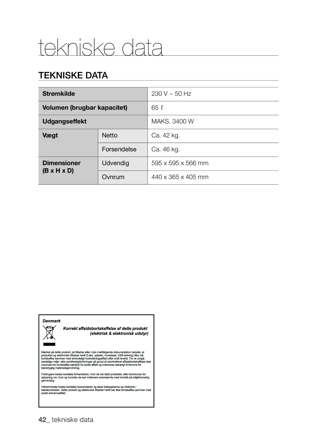 Samsung BF3Q4W098/XEE, BF3Q4T098/XEE manual Tekniske data 