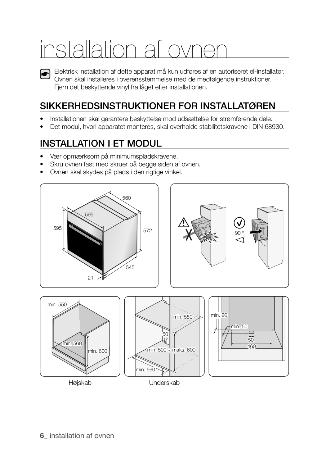 Samsung BF3Q4W098/XEE manual Installation af ovnen, Sikkerhedsinstruktioner for installatøren, Installation i et modul 