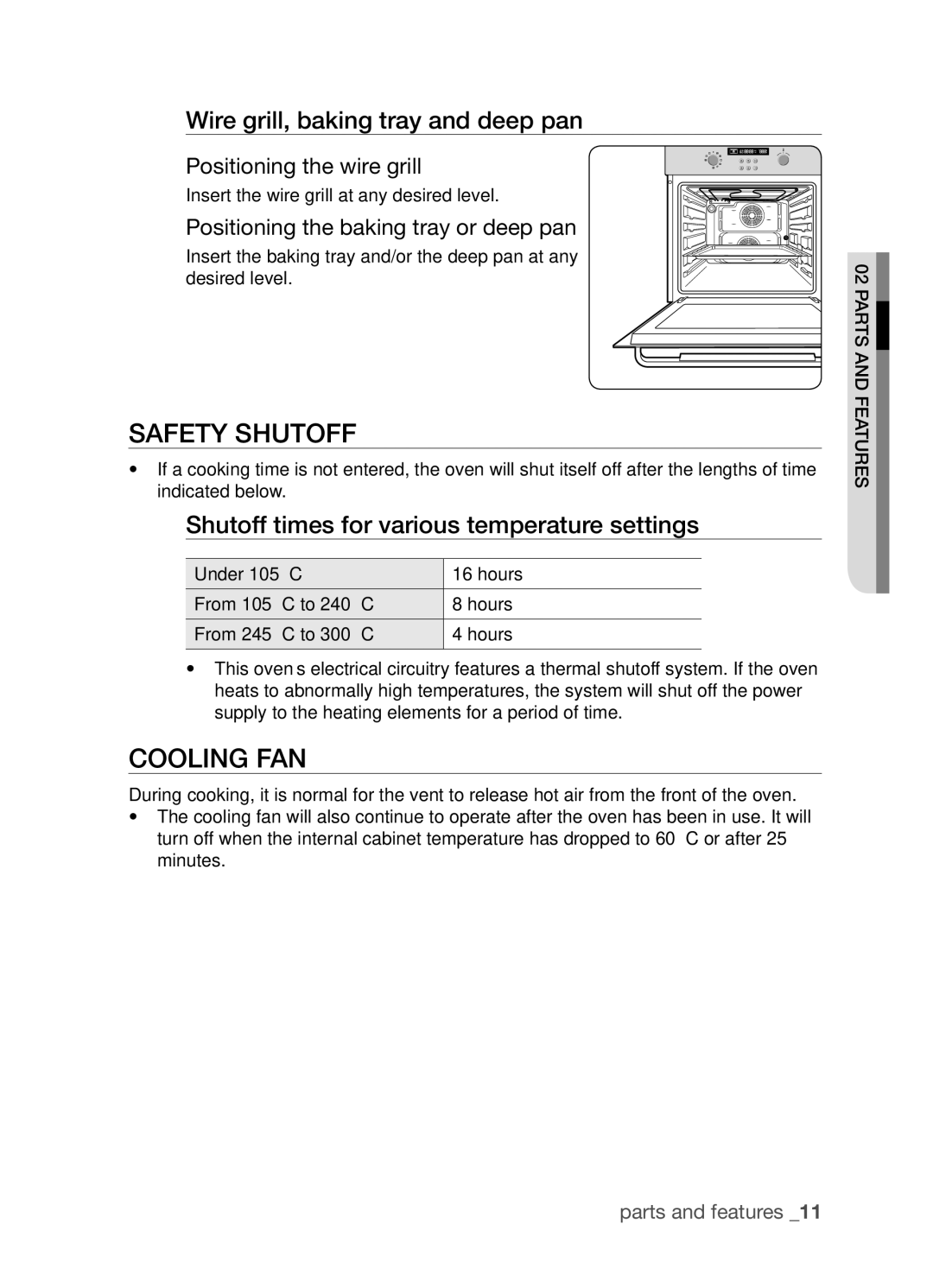 Samsung BF3Q4T098/XEE, BF3Q4W098/XEE manual Safety shutoff, Cooling fan, Wire grill, baking tray and deep pan 