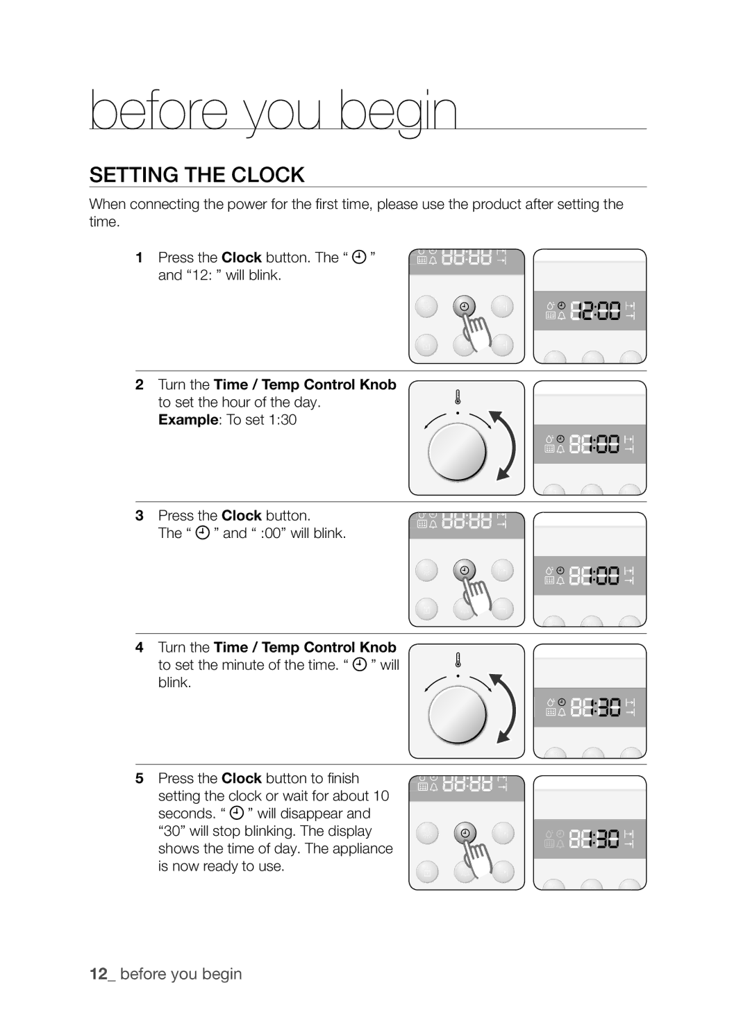 Samsung BF3Q4W098/XEE, BF3Q4T098/XEE manual Before you begin, Setting the clock 