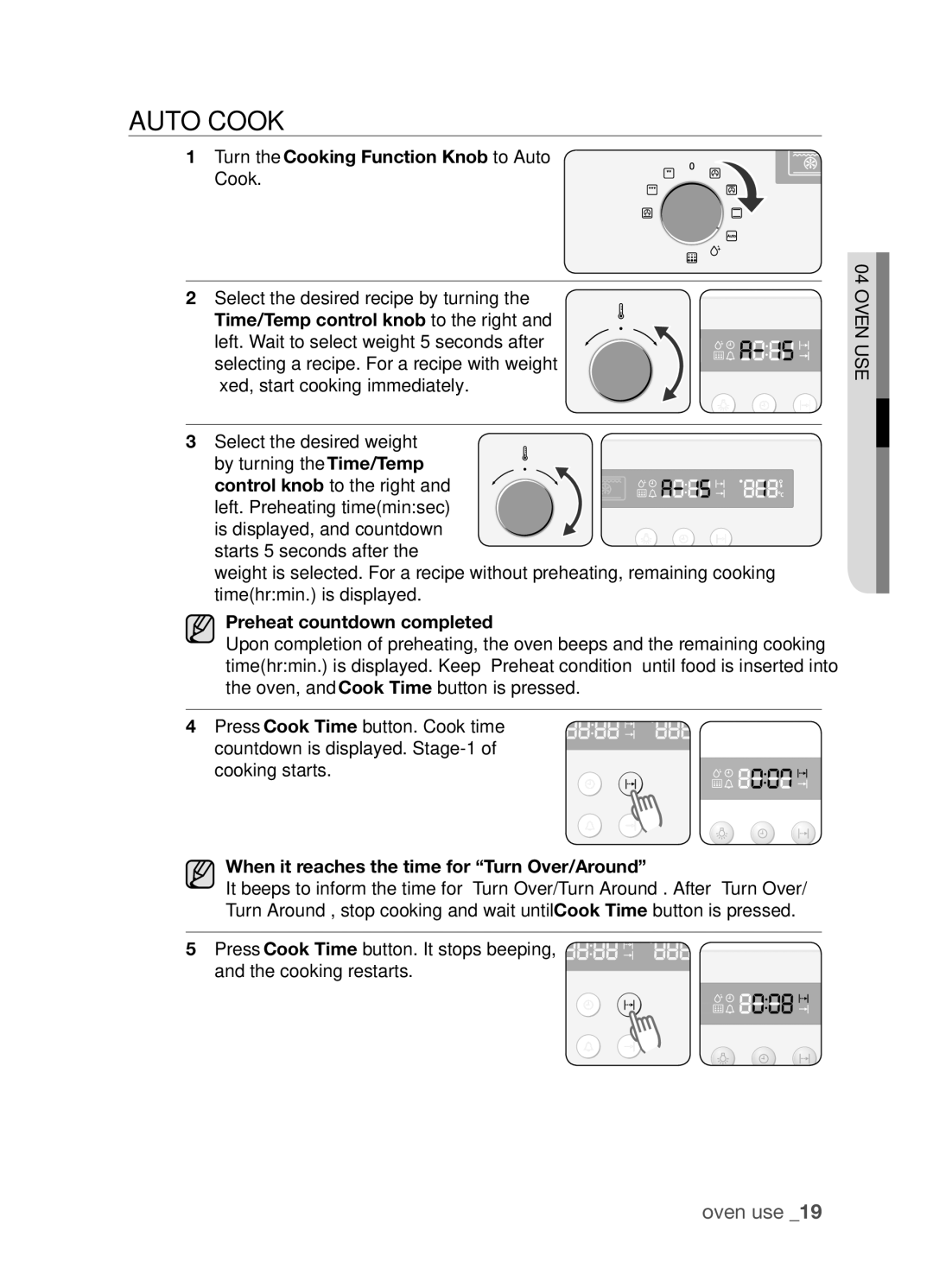 Samsung BF3Q4T098/XEE, BF3Q4W098/XEE Auto cook, Turn the Cooking Function Knob to Auto Cook, Preheat countdown completed 