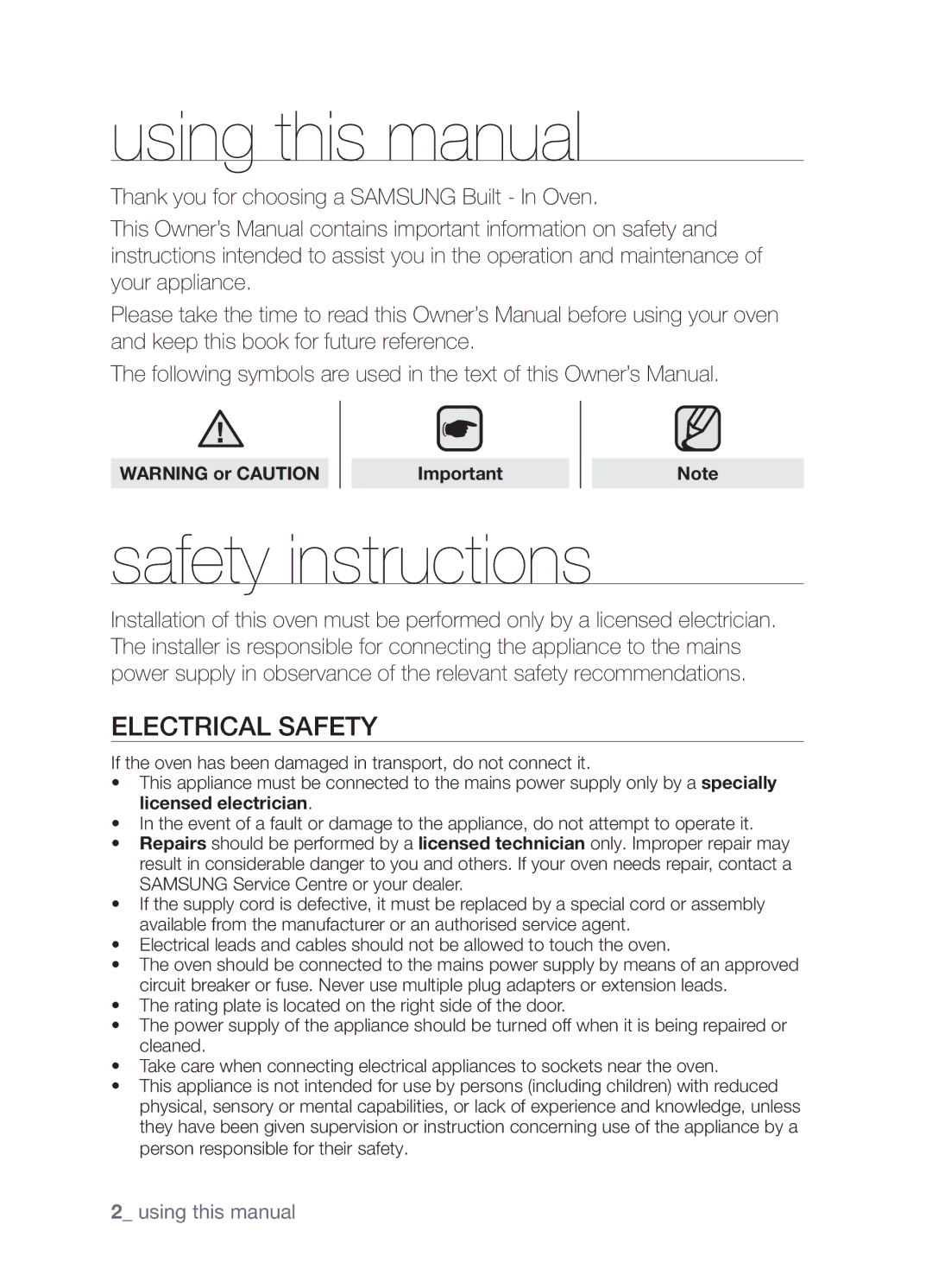 Samsung BF3Q4W098/XEE, BF3Q4T098/XEE Using this manual, Safety instructions, Electrical safety 