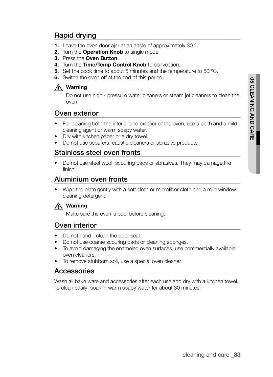 Samsung BF3Q4T098/XEE manual Rapid drying, Oven exterior, Stainless steel oven fronts, Aluminium oven fronts, Oven interior 