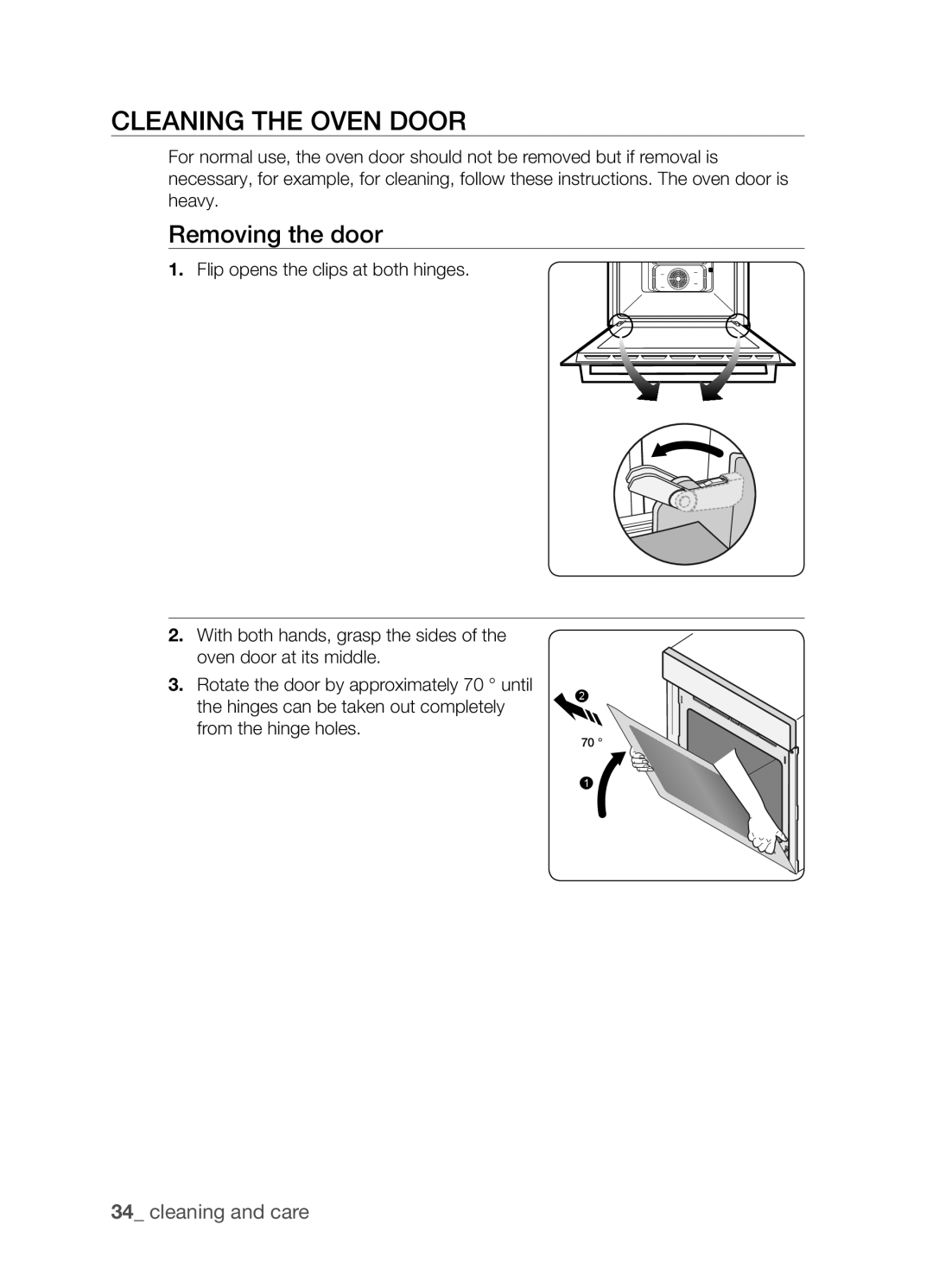 Samsung BF3Q4W098/XEE, BF3Q4T098/XEE manual Cleaning the oven door, Removing the door 