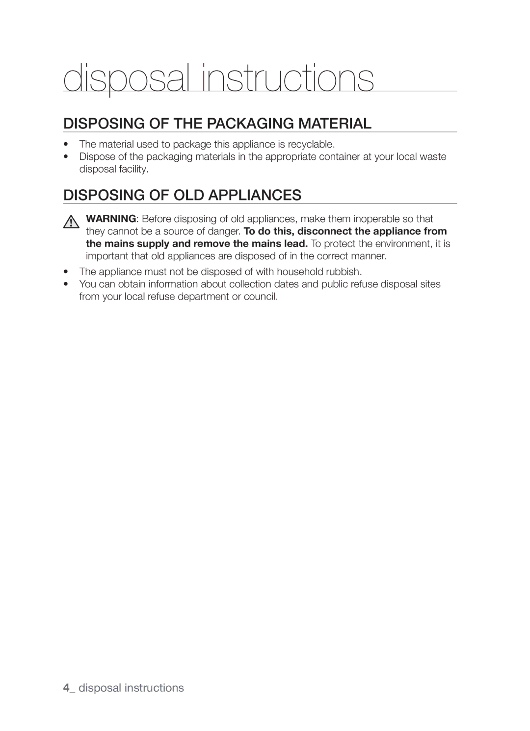 Samsung BF3Q4W098/XEE manual Disposal instructions, Disposing of the packaging material, Disposing of old appliances 