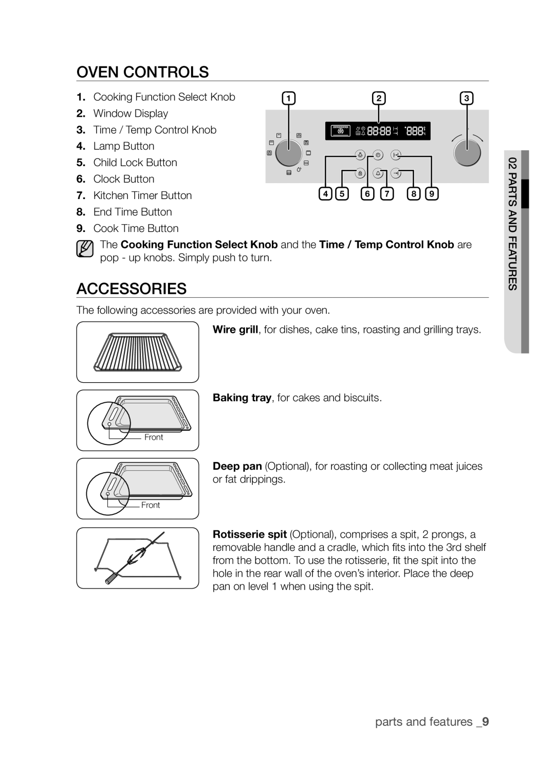 Samsung BF3Q4T098/XEE, BF3Q4W098/XEE manual Oven controls, Accessories, Cooking Function Select Knob, Kitchen Timer Button 