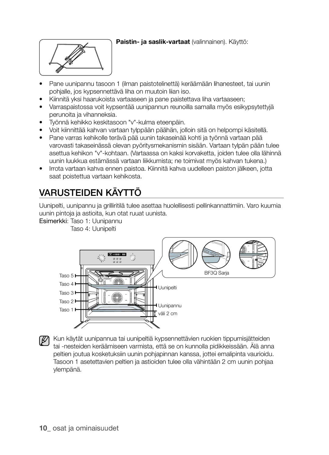 Samsung BF3Q4W098/XEE, BF3Q4T098/XEE manual Varusteiden käyttö, Paistin- ja saslik-vartaat valinnainen. Käyttö 