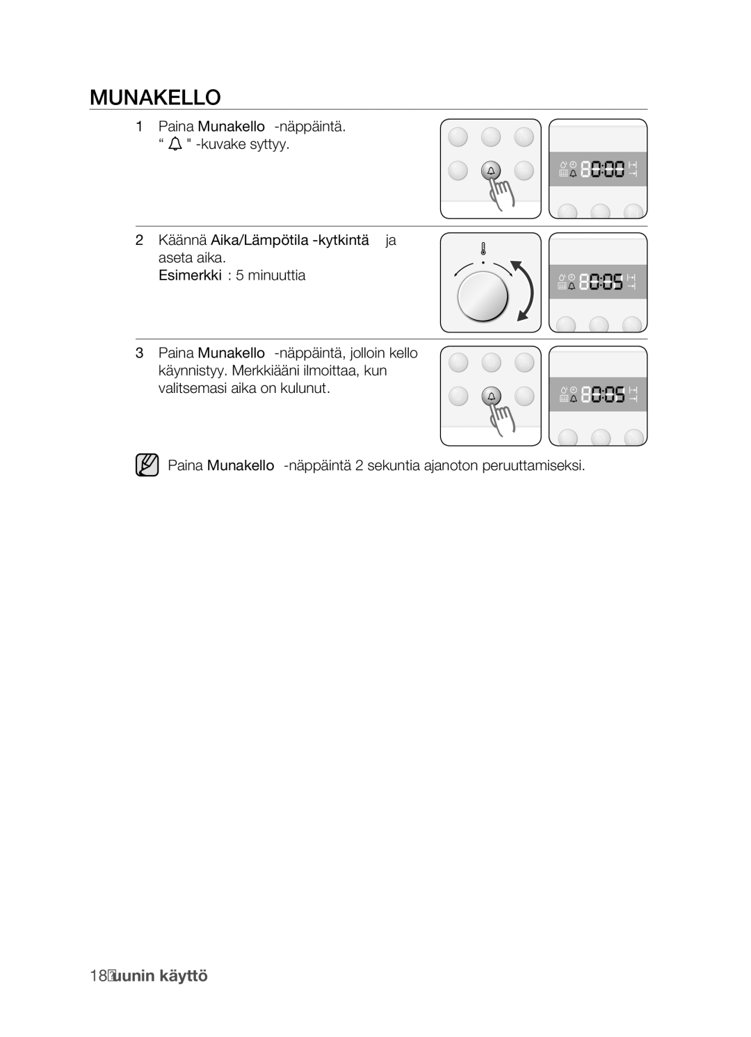 Samsung BF3Q4W098/XEE manual Paina Munakello -näppäintä Kuvake syttyy, Käännä Aika/Lämpötila -kytkintä ja aseta aika 