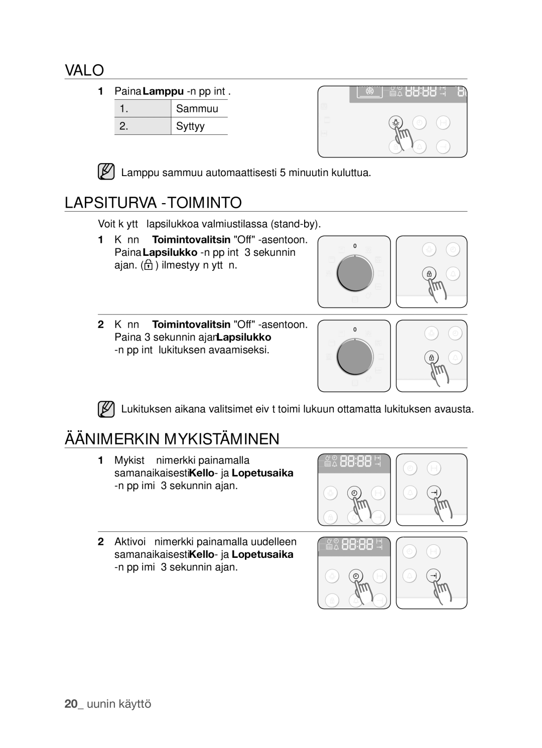 Samsung BF3Q4W098/XEE, BF3Q4T098/XEE manual Valo, Lapsiturva -toiminto, Äänimerkin mykistäminen 