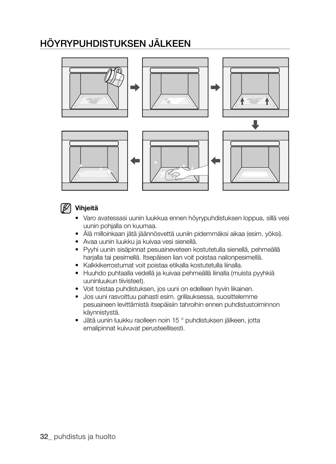 Samsung BF3Q4W098/XEE, BF3Q4T098/XEE manual Höyrypuhdistuksen jälkeen, Vihjeitä 