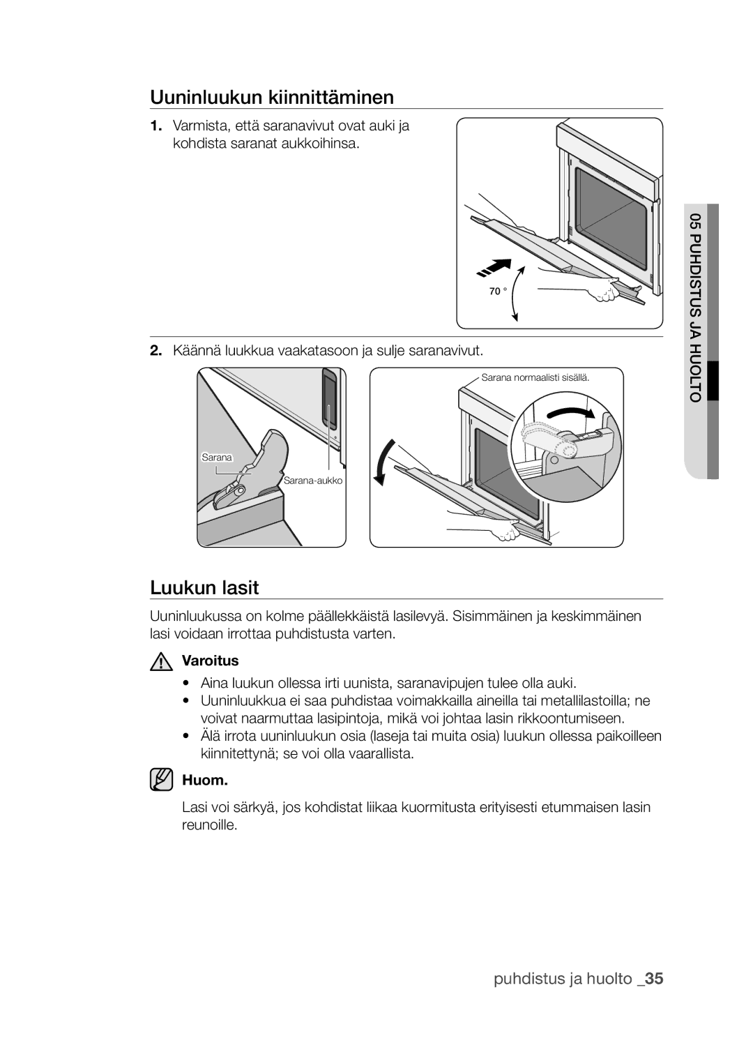 Samsung BF3Q4T098/XEE, BF3Q4W098/XEE manual Uuninluukun kiinnittäminen, Luukun lasit 