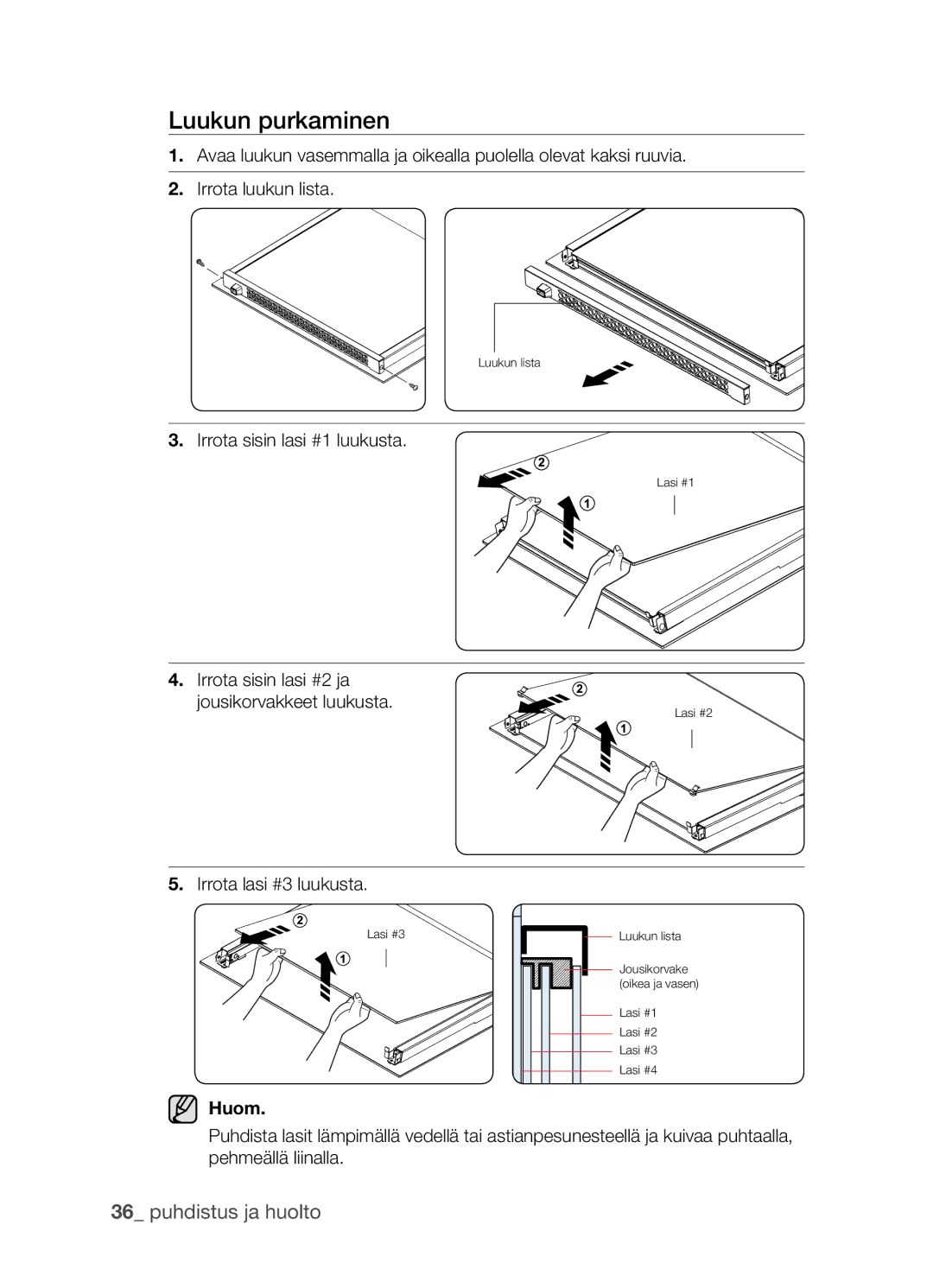 Samsung BF3Q4W098/XEE, BF3Q4T098/XEE manual Luukun purkaminen, Irrota sisin lasi #1 luukusta 