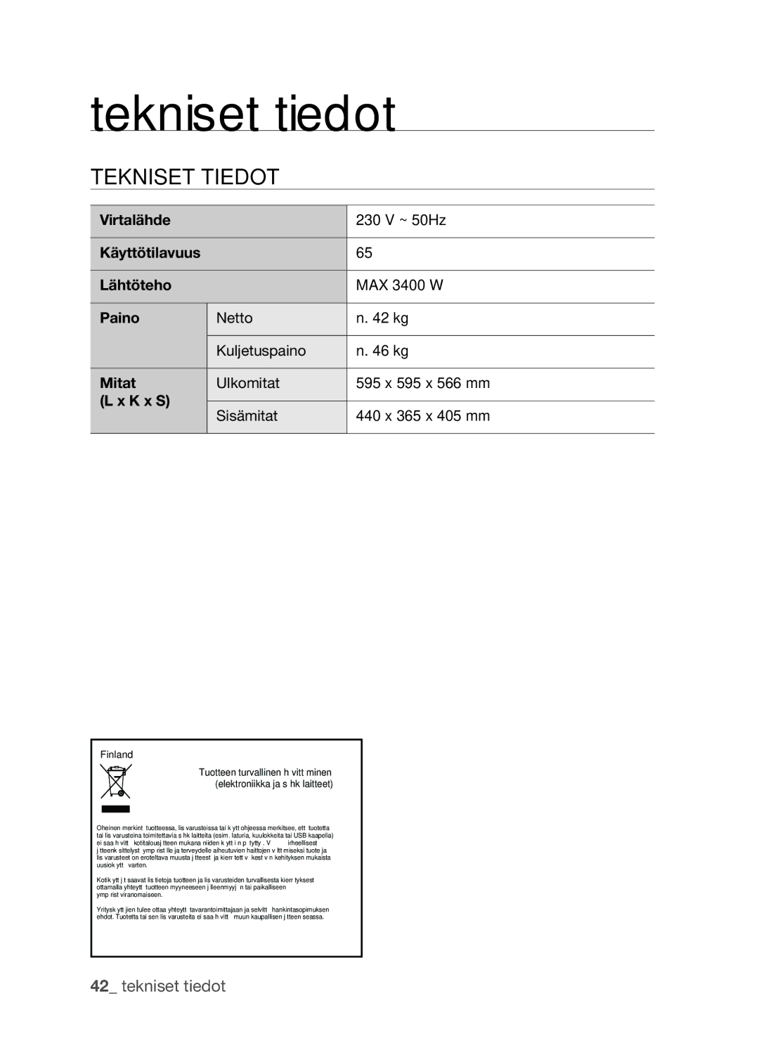 Samsung BF3Q4W098/XEE, BF3Q4T098/XEE manual Tekniset tiedot 