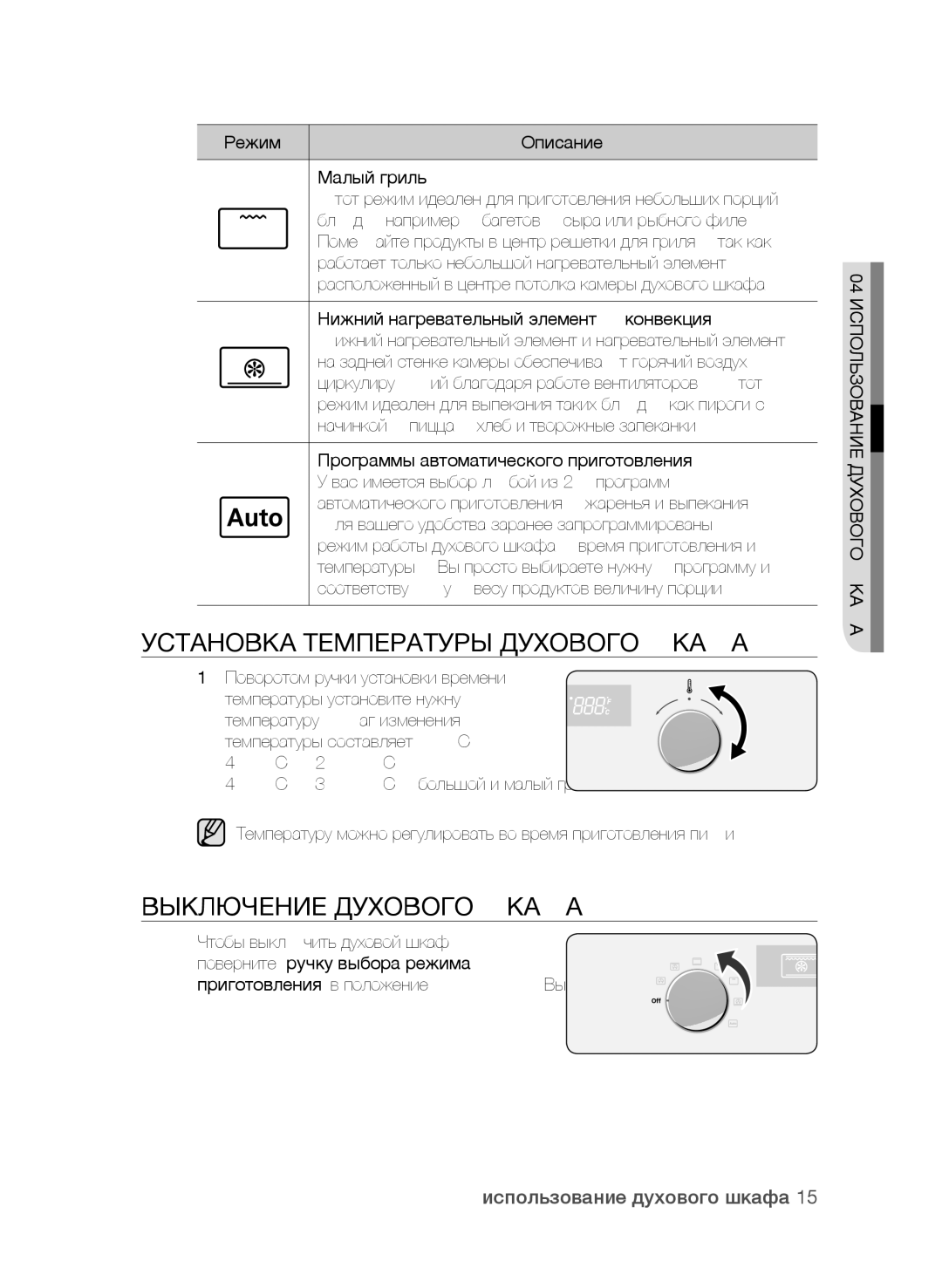 Samsung BF62CCAST/BWT manual Установка Температуры Духового Шкафа, Выключение Духового Шкафа, Использование духового шкафа 