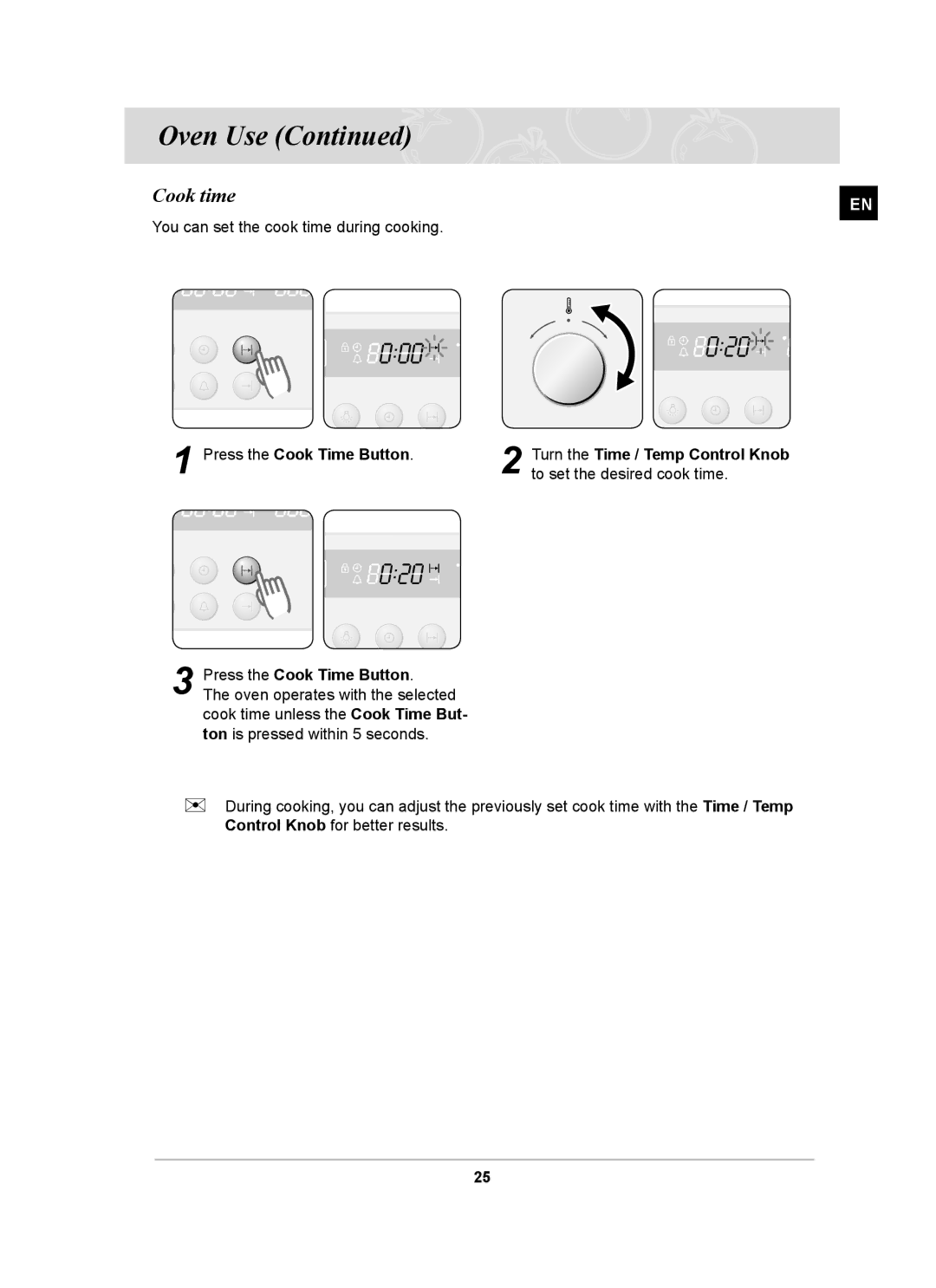 Samsung BF62CCBST owner manual Cook time, Press the Cook Time Button 