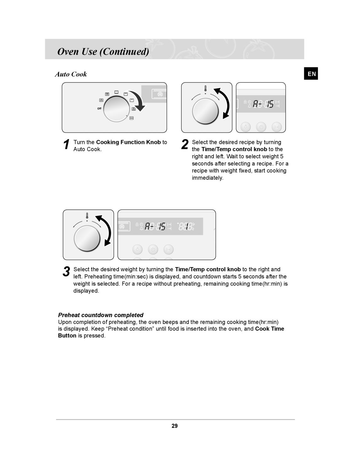 Samsung BF62CCBST owner manual Auto Cook, Turn the Cooking Function Knob to, Preheat countdown completed 