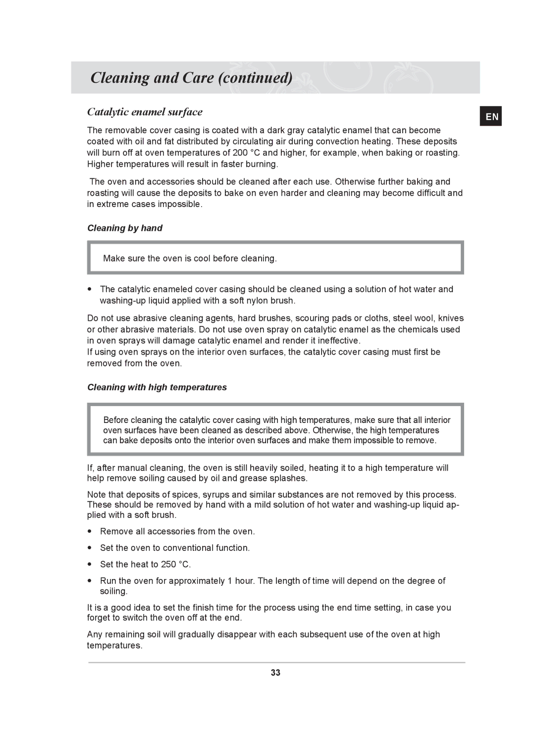 Samsung BF62CCBST owner manual Catalytic enamel surface, Cleaning by hand, Cleaning with high temperatures 