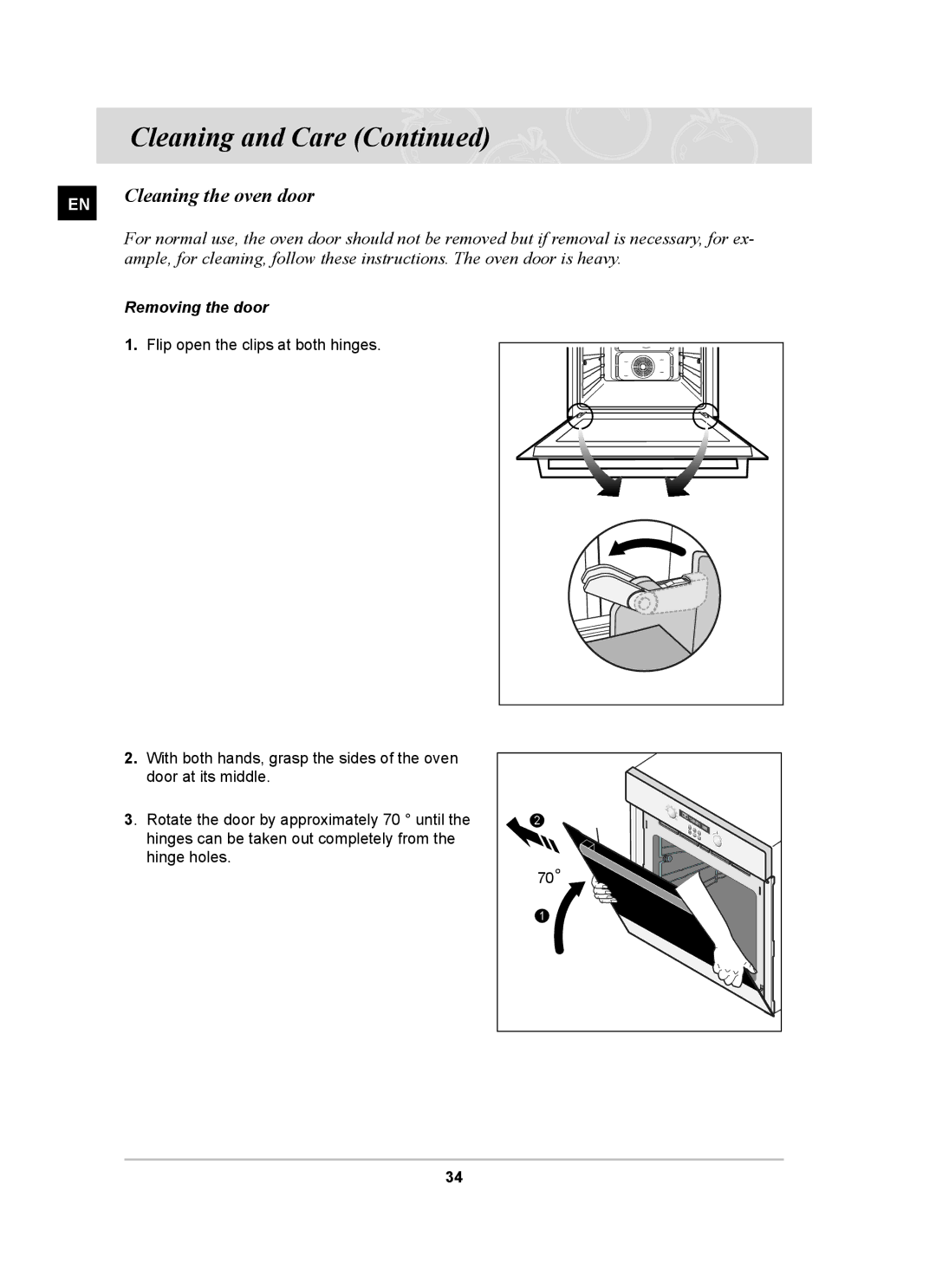 Samsung BF62CCBST owner manual Cleaning the oven door, Removing the door 