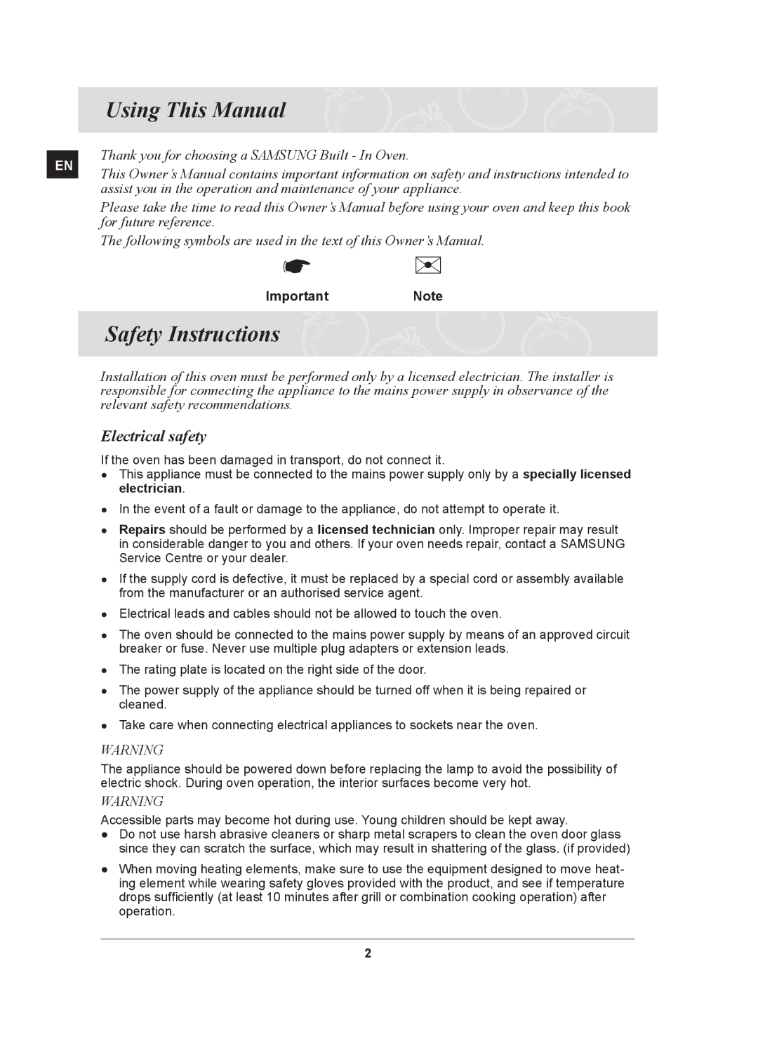 Samsung BF62CCBST owner manual Using This Manual, Safety Instructions, Electrical safety, ImportantNote 