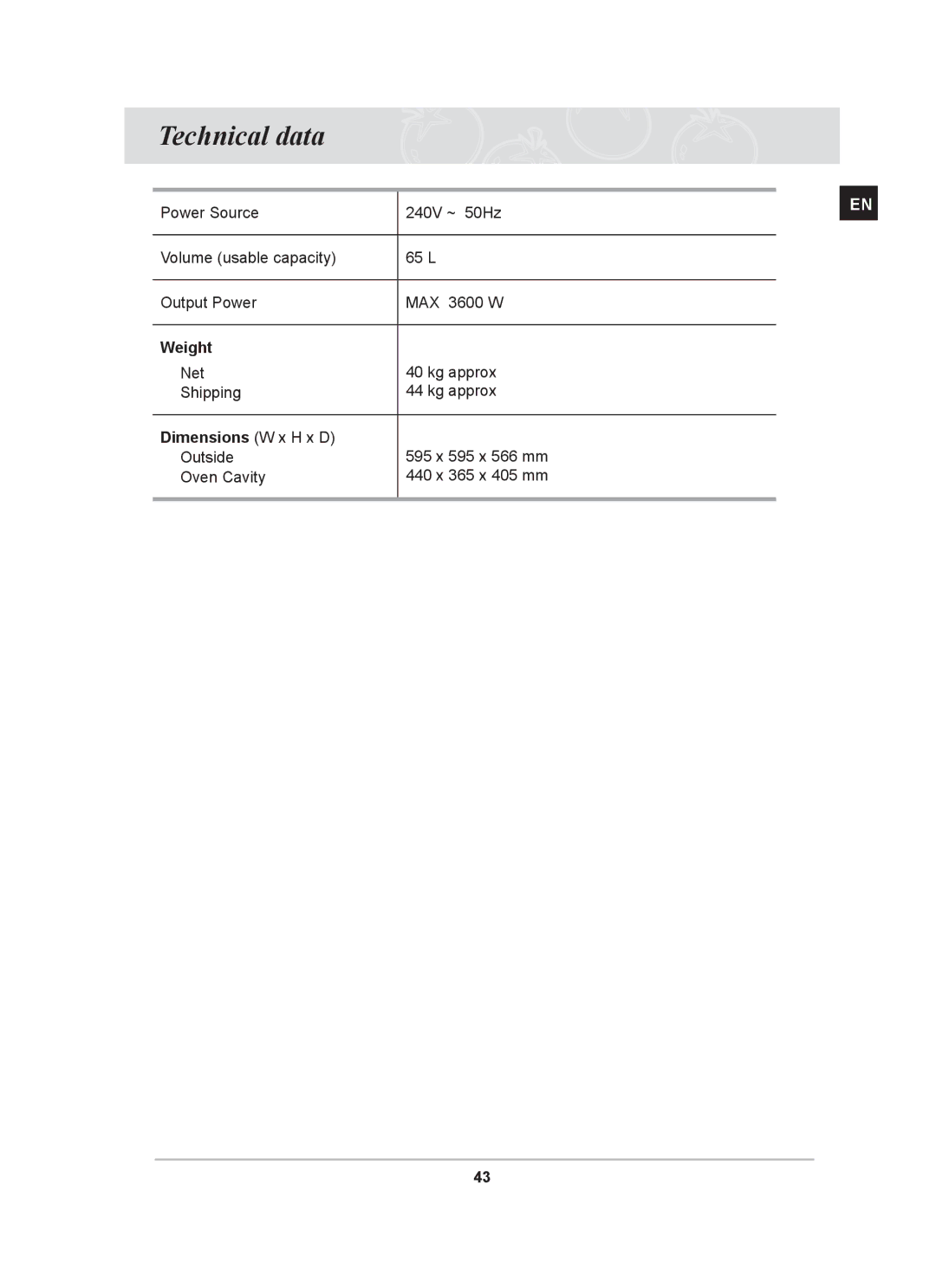 Samsung BF62CCBST owner manual Technical data, Weight, Dimensions W x H x D 