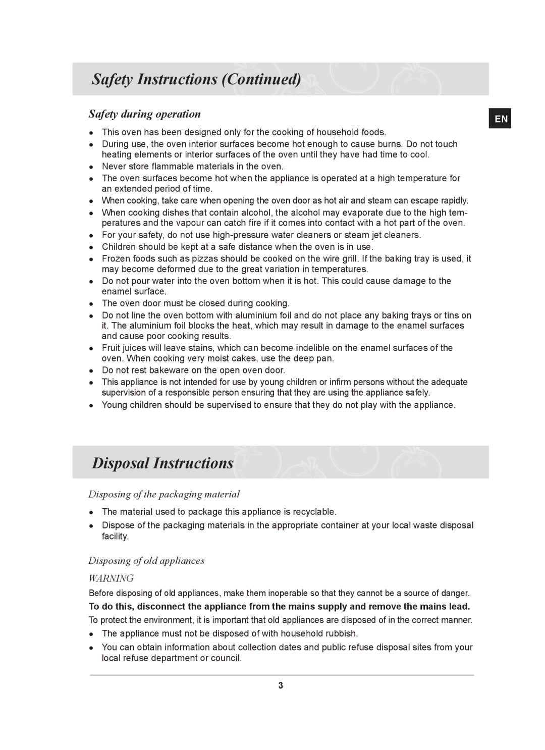 Samsung BF62CCBST owner manual Disposal Instructions, Safety during operation 