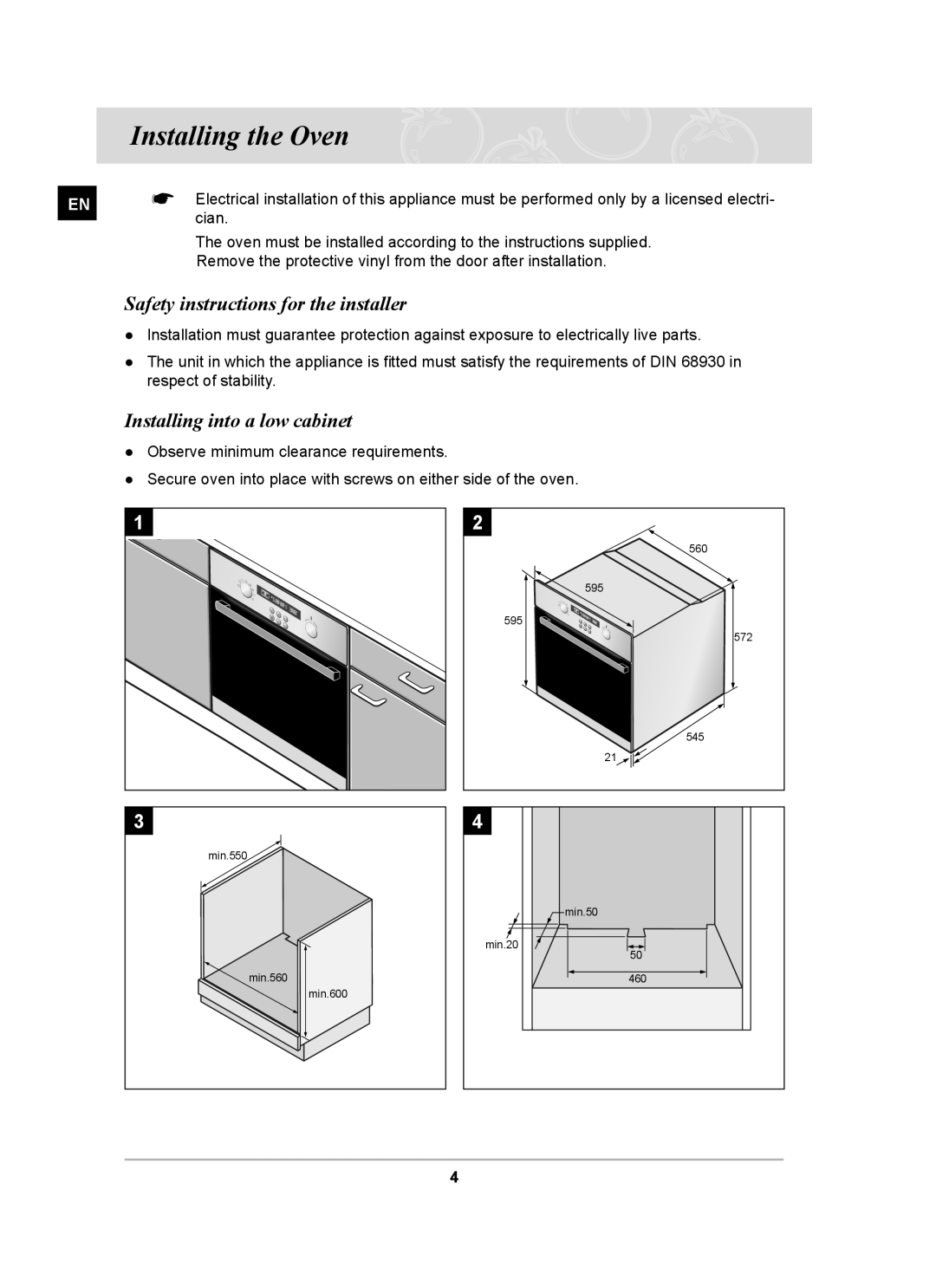 Samsung BF62CCBST owner manual Installing the Oven, Safety instructions for the installer, Installing into a low cabinet 