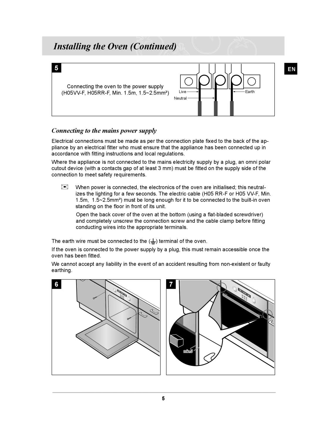 Samsung BF62CCBST owner manual Connecting to the mains power supply 