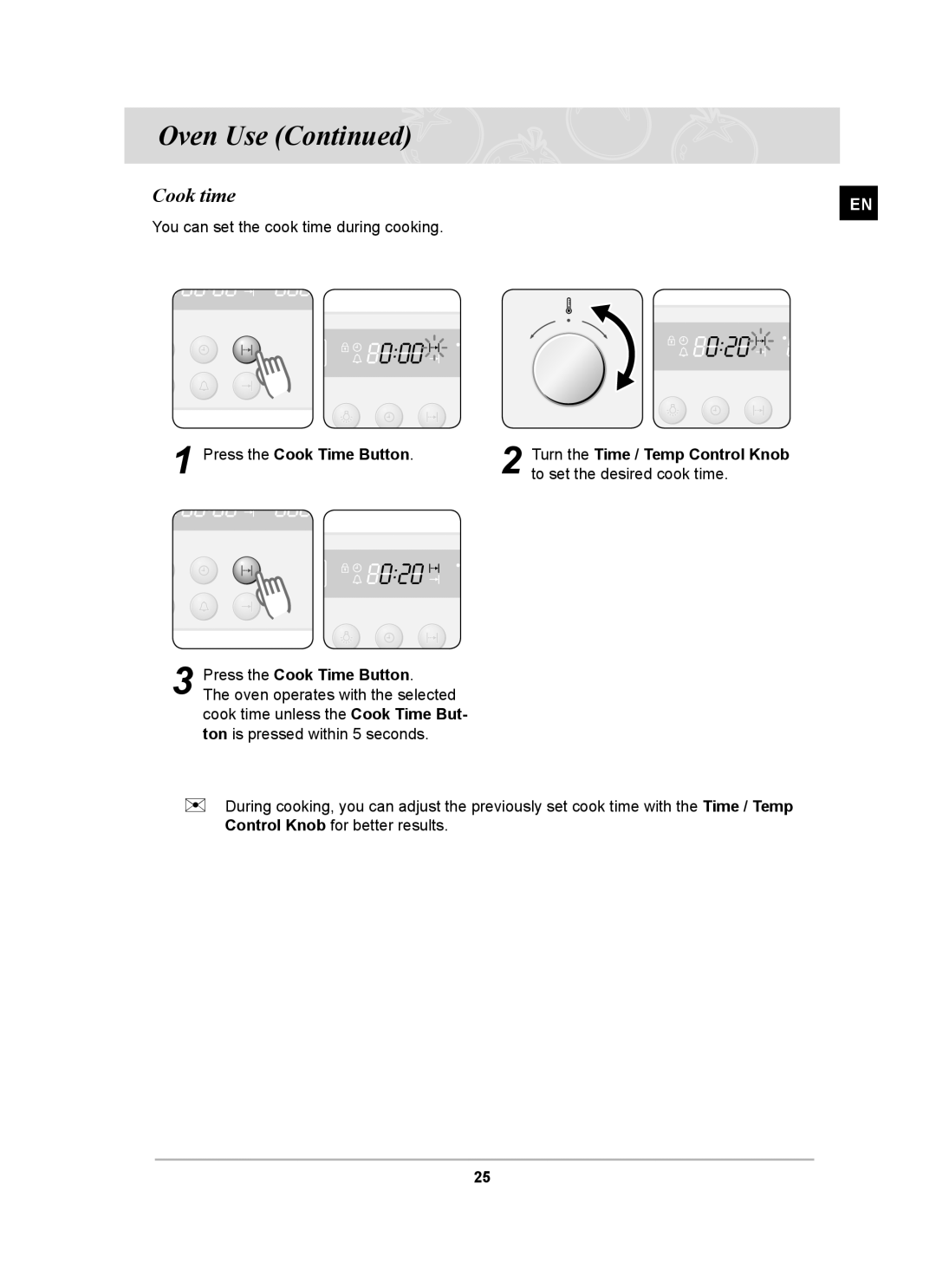 Samsung BF62CCBST owner manual Cook time, Oven Use Continued, 3Press the Cook Time Button 