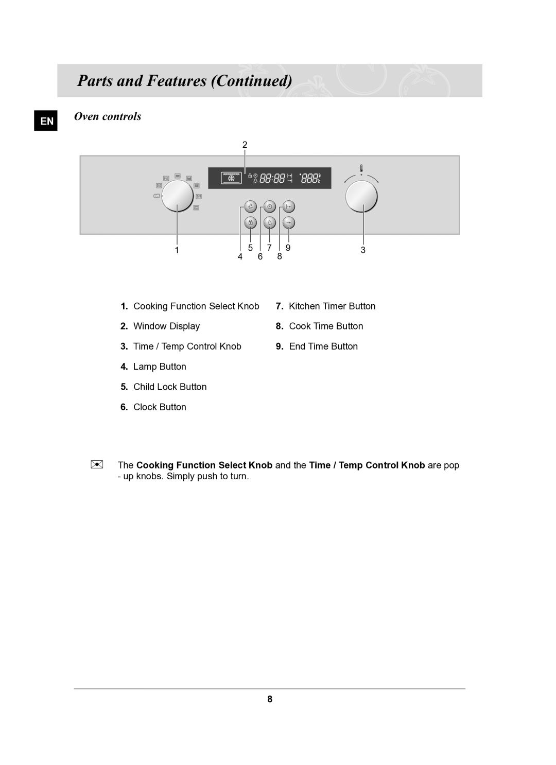 Samsung BF62CCBST/BOL manual Oven controls 