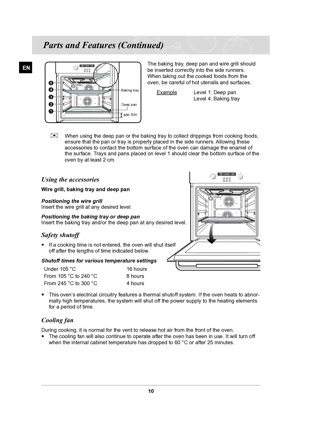 Samsung BF62CCBST/BOL manual Using the accessories, Safety shutoff, Cooling fan 