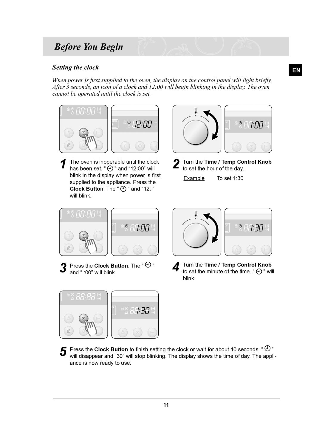 Samsung BF62CCBST/BOL manual Before You Begin, Setting the clock 