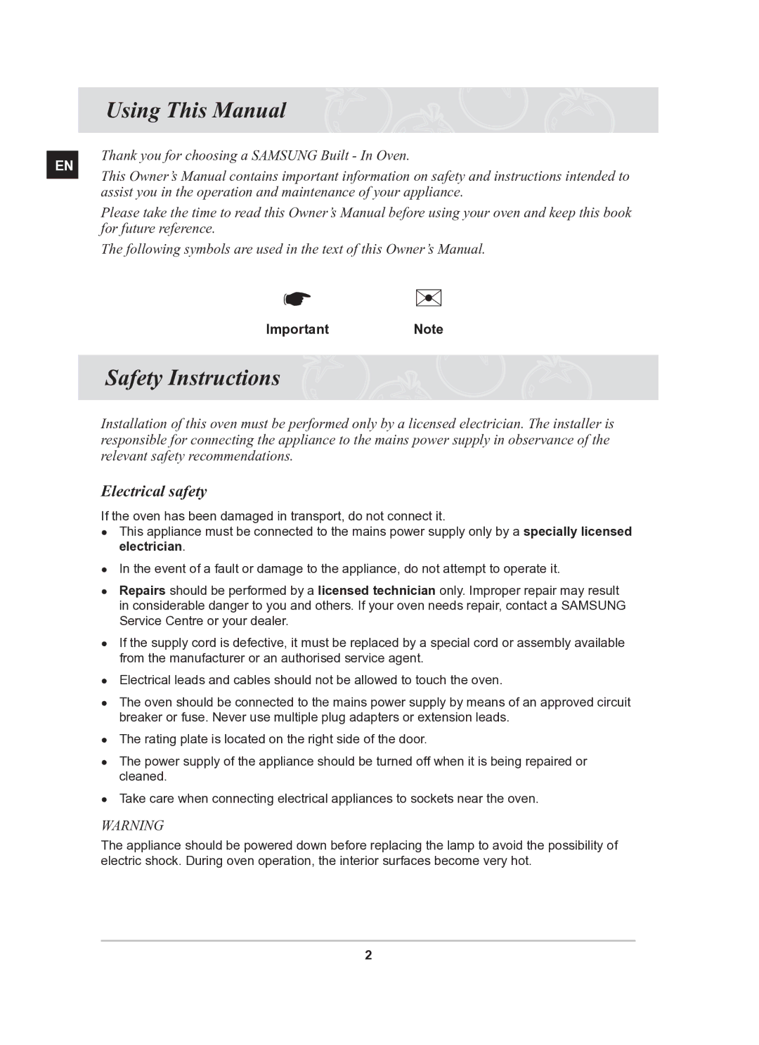 Samsung BF62CCBST/BOL manual Using This Manual, Safety Instructions, Electrical safety, ImportantNote 