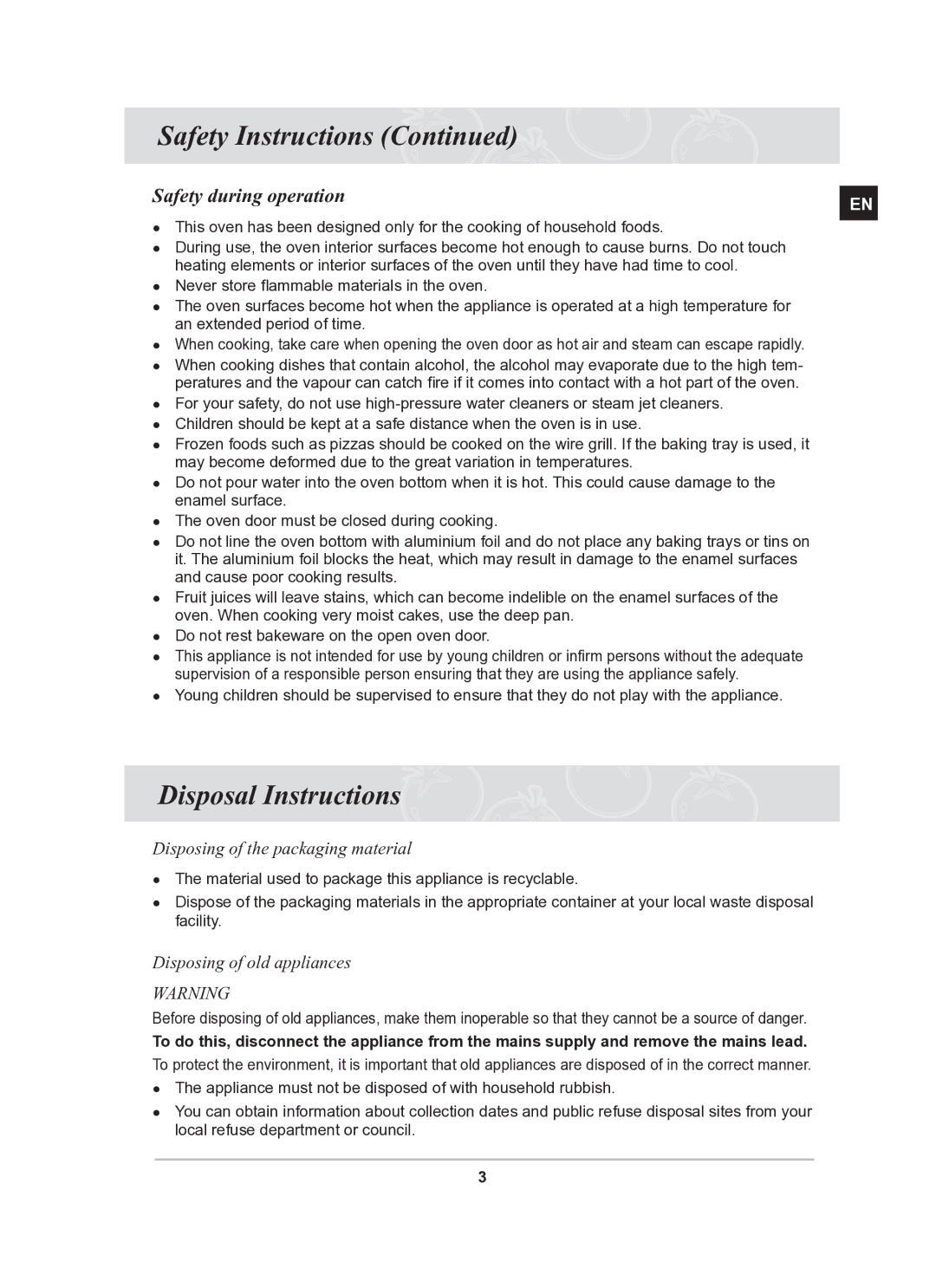 Samsung BF62CCBST/BOL manual Disposal Instructions, Safety during operation 