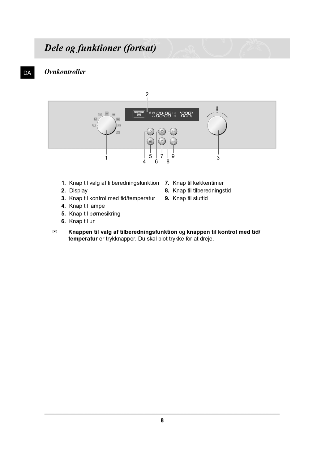 Samsung BF62CCBST/XEE manual Dele og funktioner fortsat, DA Ovnkontroller 