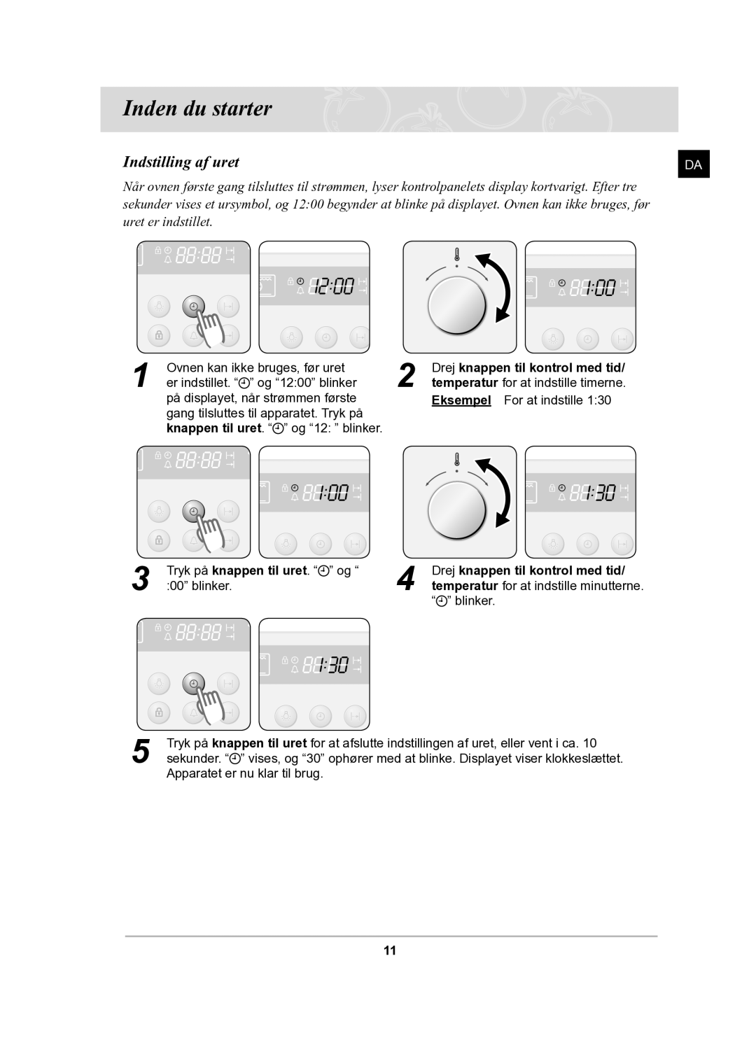 Samsung BF62CCBST/XEE manual Inden du starter, Indstilling af uret 