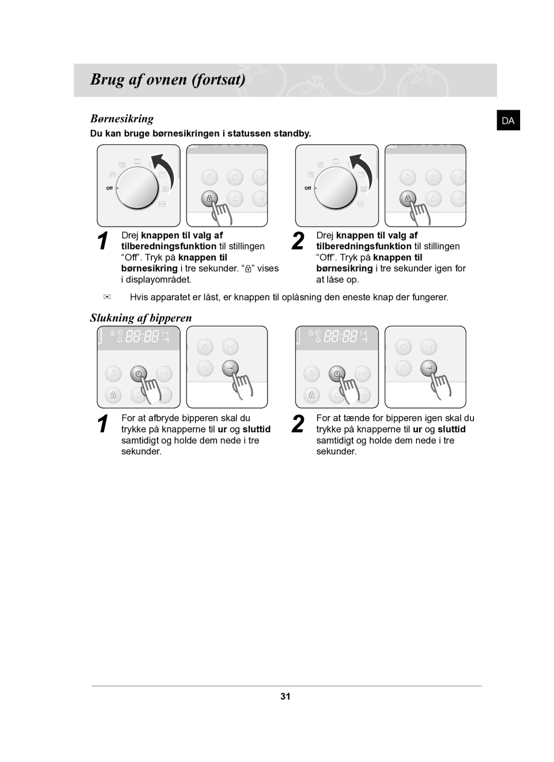 Samsung BF62CCBST/XEE manual Børnesikring, Slukning af bipperen 