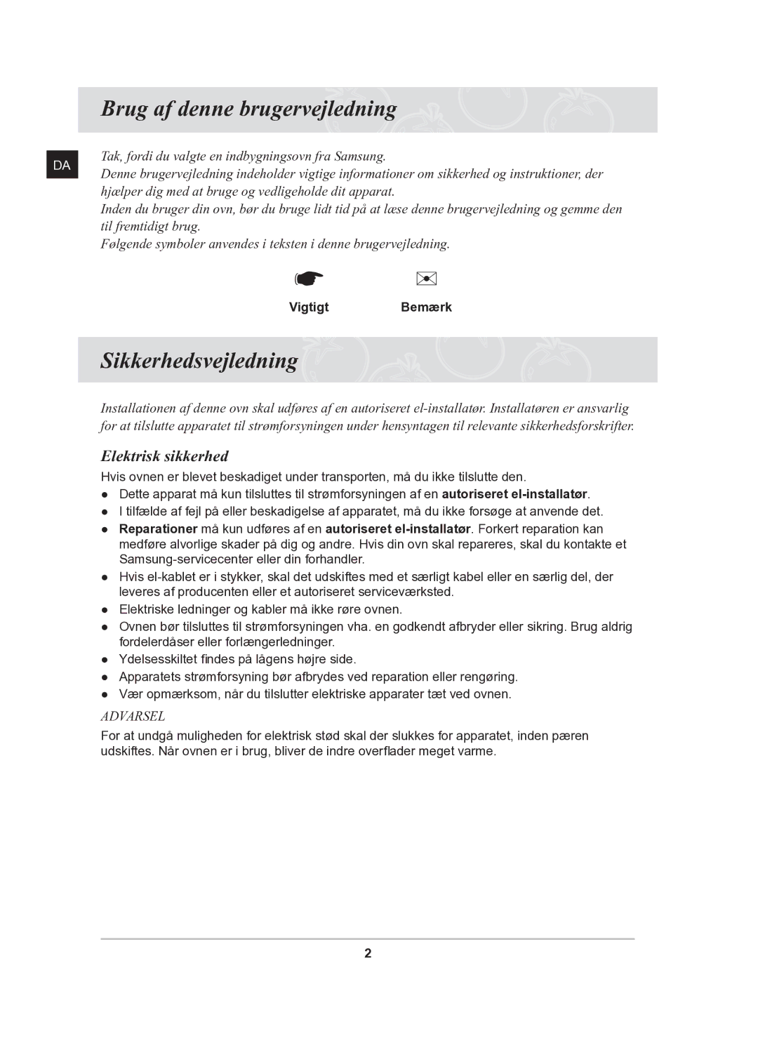 Samsung BF62CCBST/XEE manual Brug af denne brugervejledning, Sikkerhedsvejledning, Elektrisk sikkerhed, VigtigtBemærk 