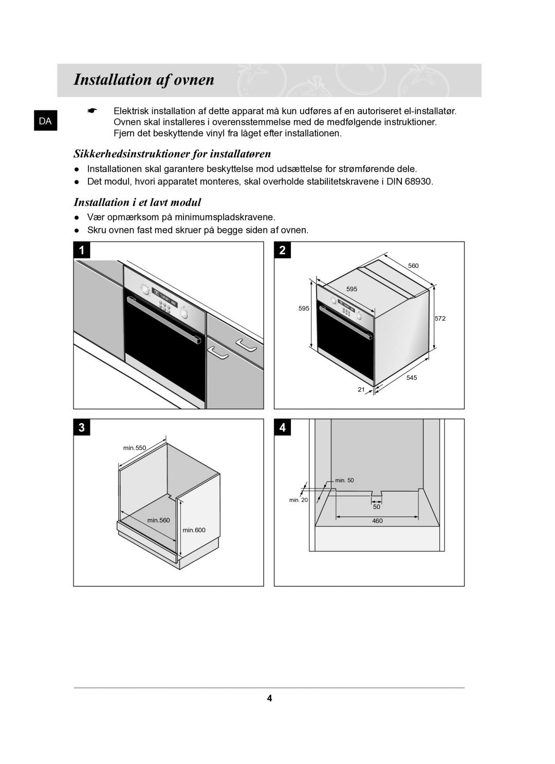 Samsung BF62CCBST/XEE manual Installation af ovnen, Sikkerhedsinstruktioner for installatøren, Installation i et lavt modul 