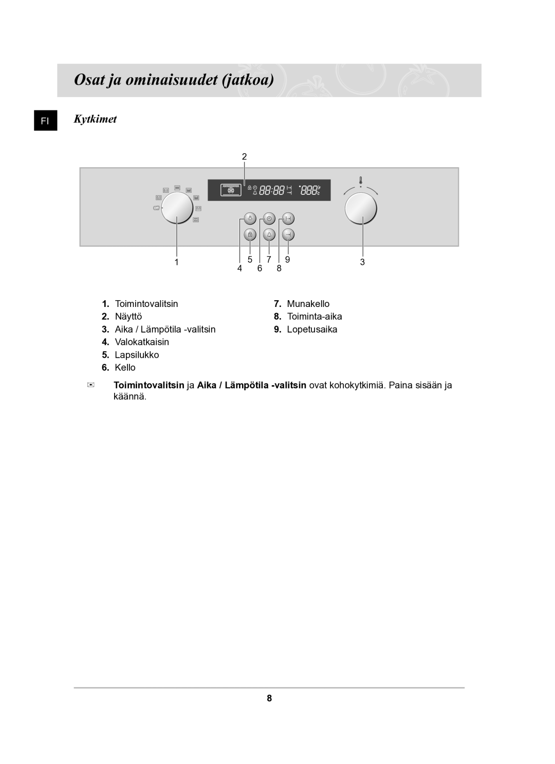 Samsung BF62CCBST/XEE manual Osat ja ominaisuudet jatkoa, FI Kytkimet 