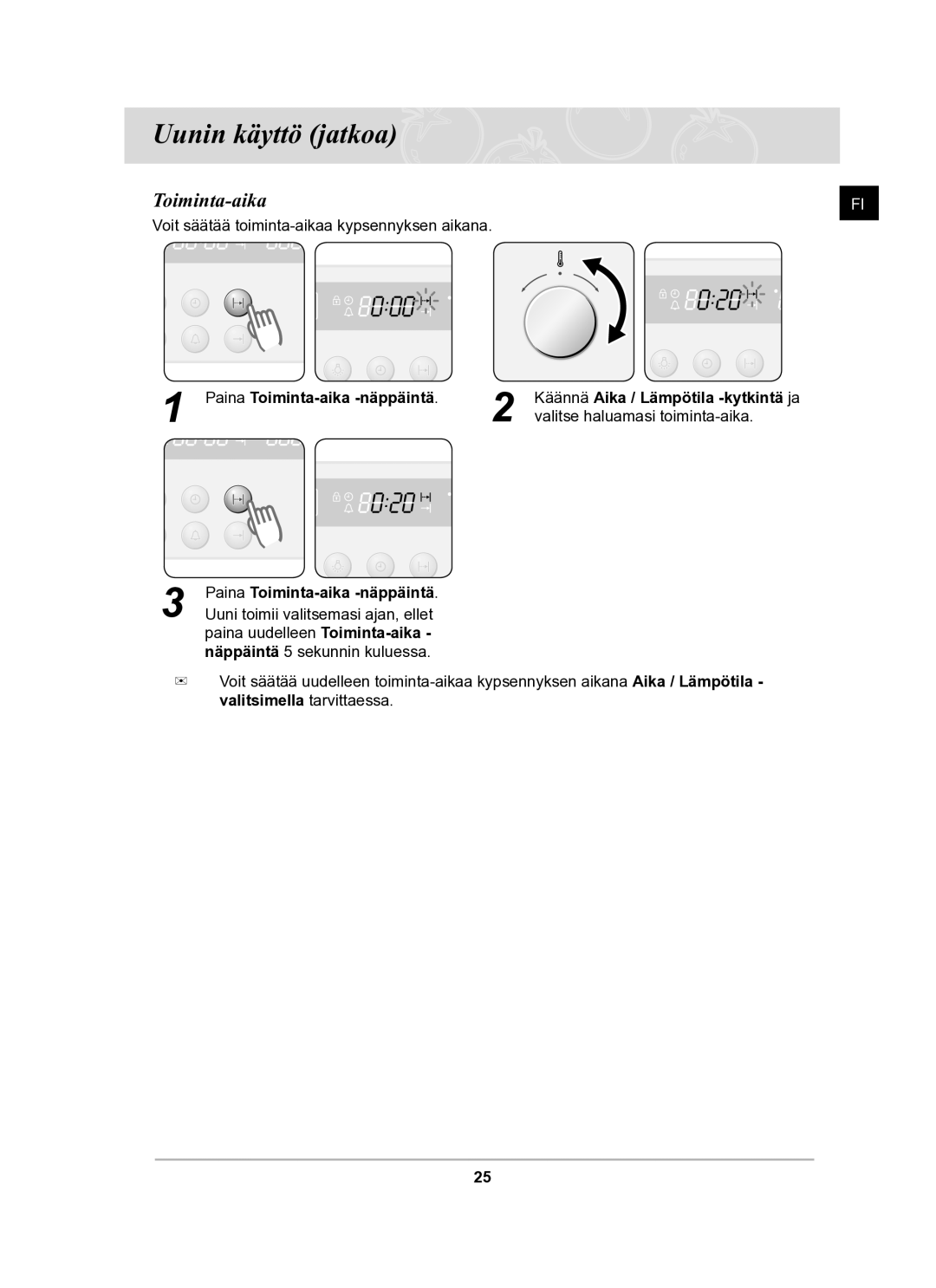 Samsung BF62CCBST/XEE manual Paina Toiminta-aika -näppäintä 