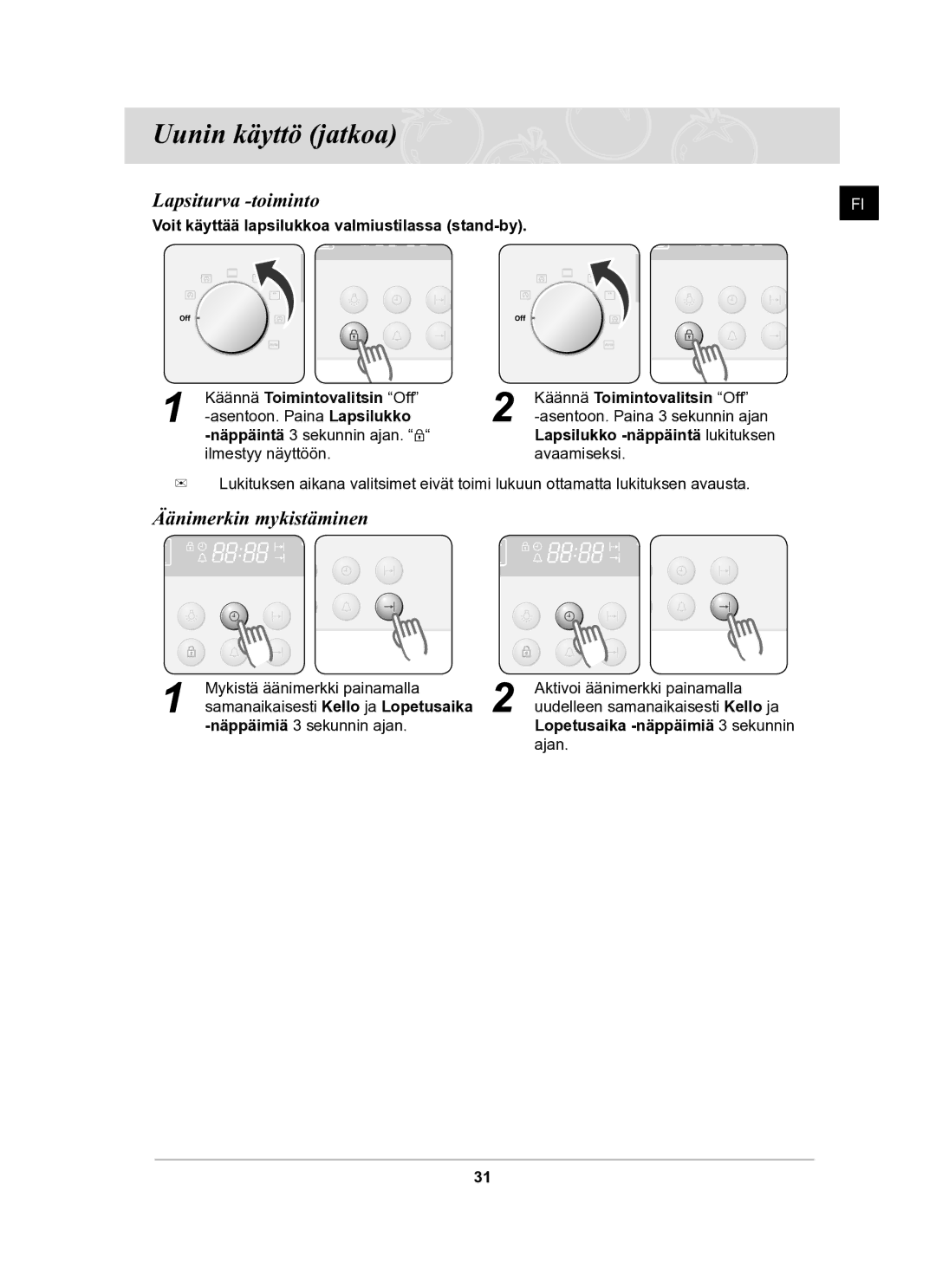 Samsung BF62CCBST/XEE manual Lapsiturva -toiminto, Äänimerkin mykistäminen 