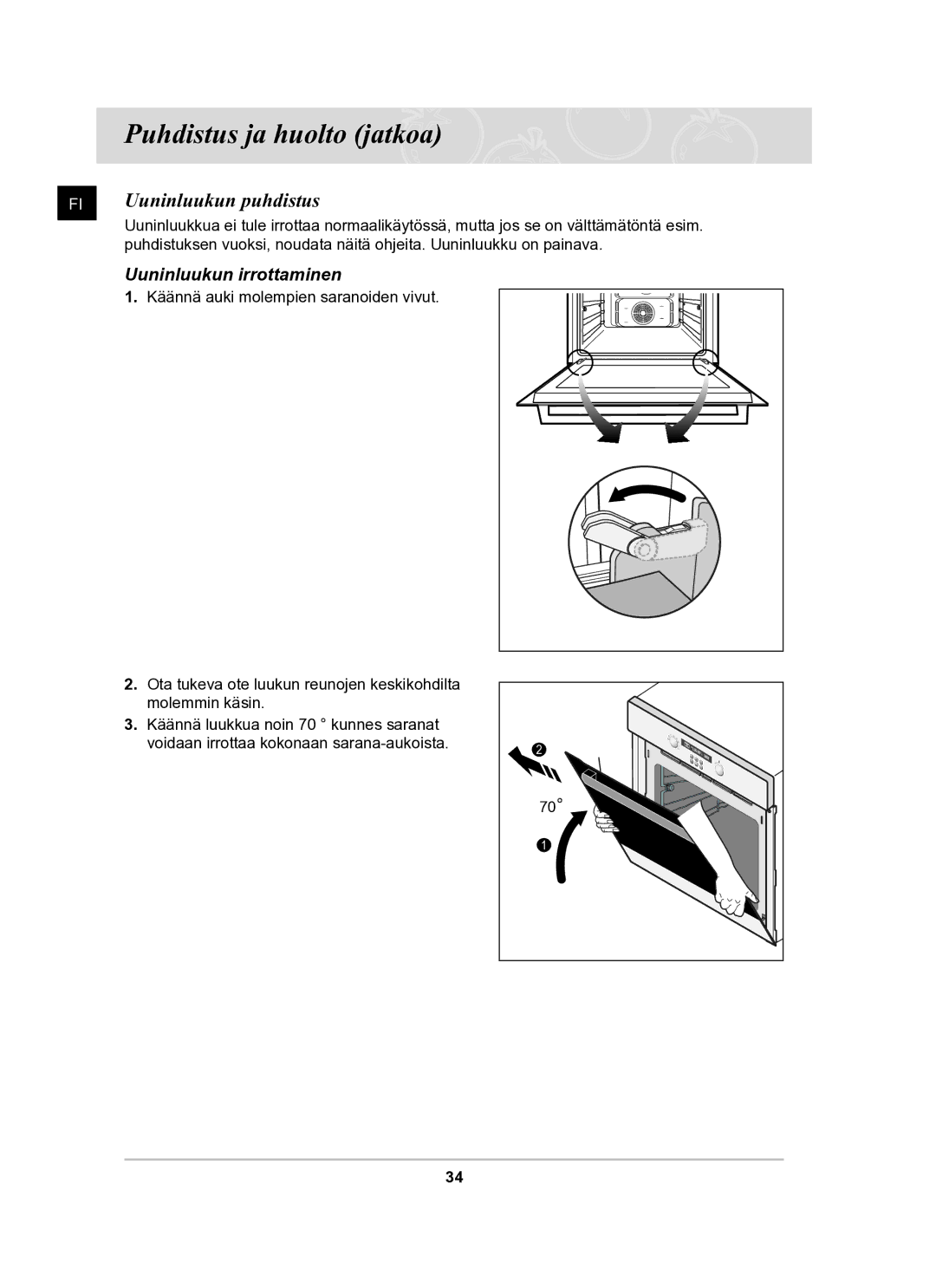 Samsung BF62CCBST/XEE manual Uuninluukun puhdistus, Uuninluukun irrottaminen 