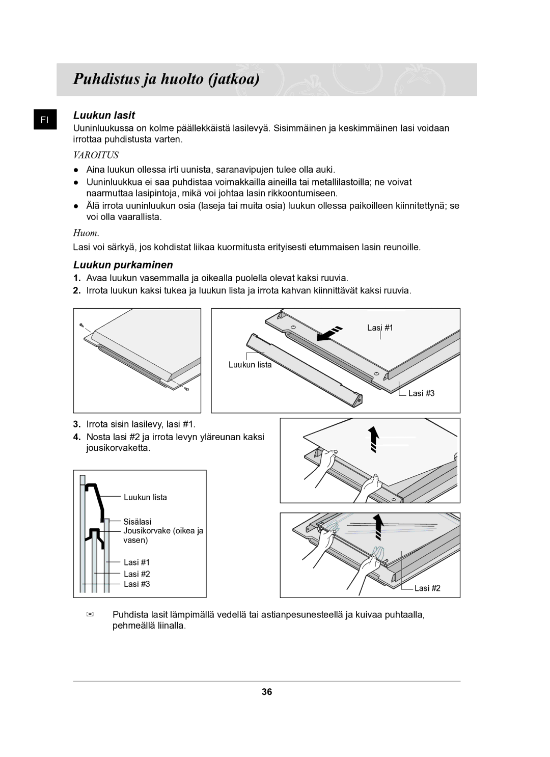 Samsung BF62CCBST/XEE manual Luukun lasit, Luukun purkaminen 