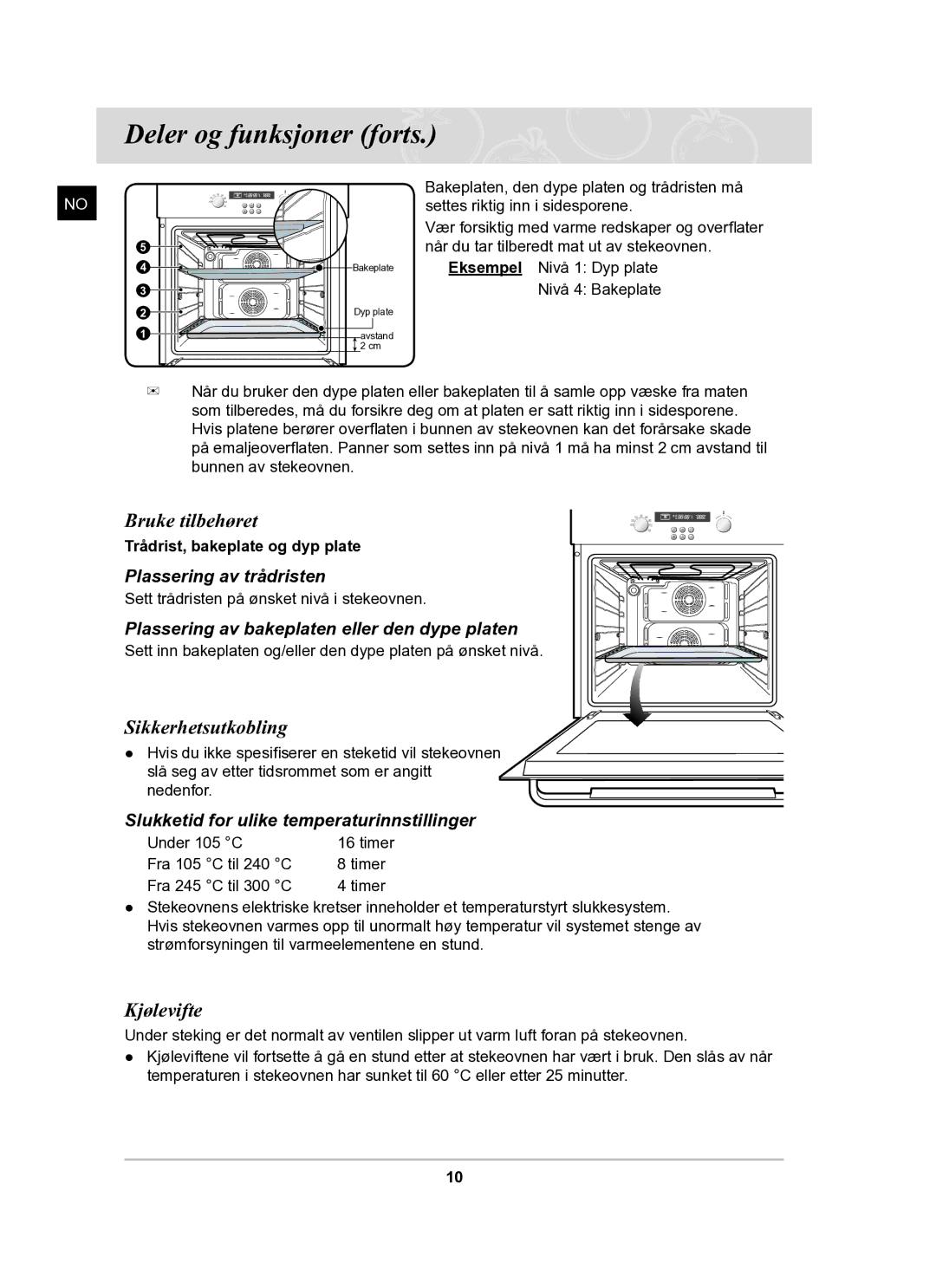 Samsung BF62CCBST/XEE manual Bruke tilbehøret, Sikkerhetsutkobling, Kjølevifte 