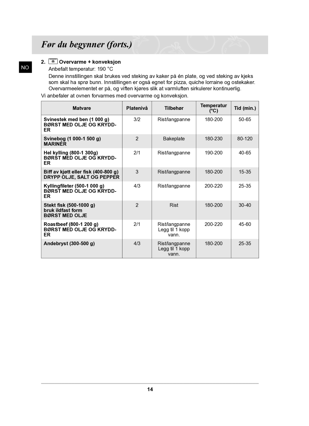 Samsung BF62CCBST/XEE manual Overvarme + konveksjon, Vi anbefaler at ovnen forvarmes med overvarme og konveksjon 