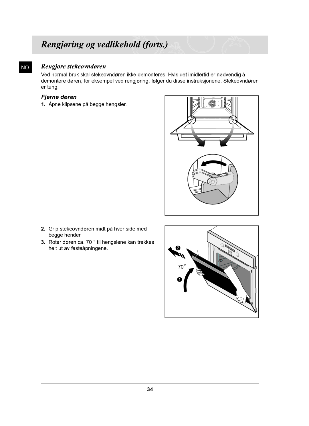 Samsung BF62CCBST/XEE manual Rengjøre stekeovndøren, Fjerne døren 