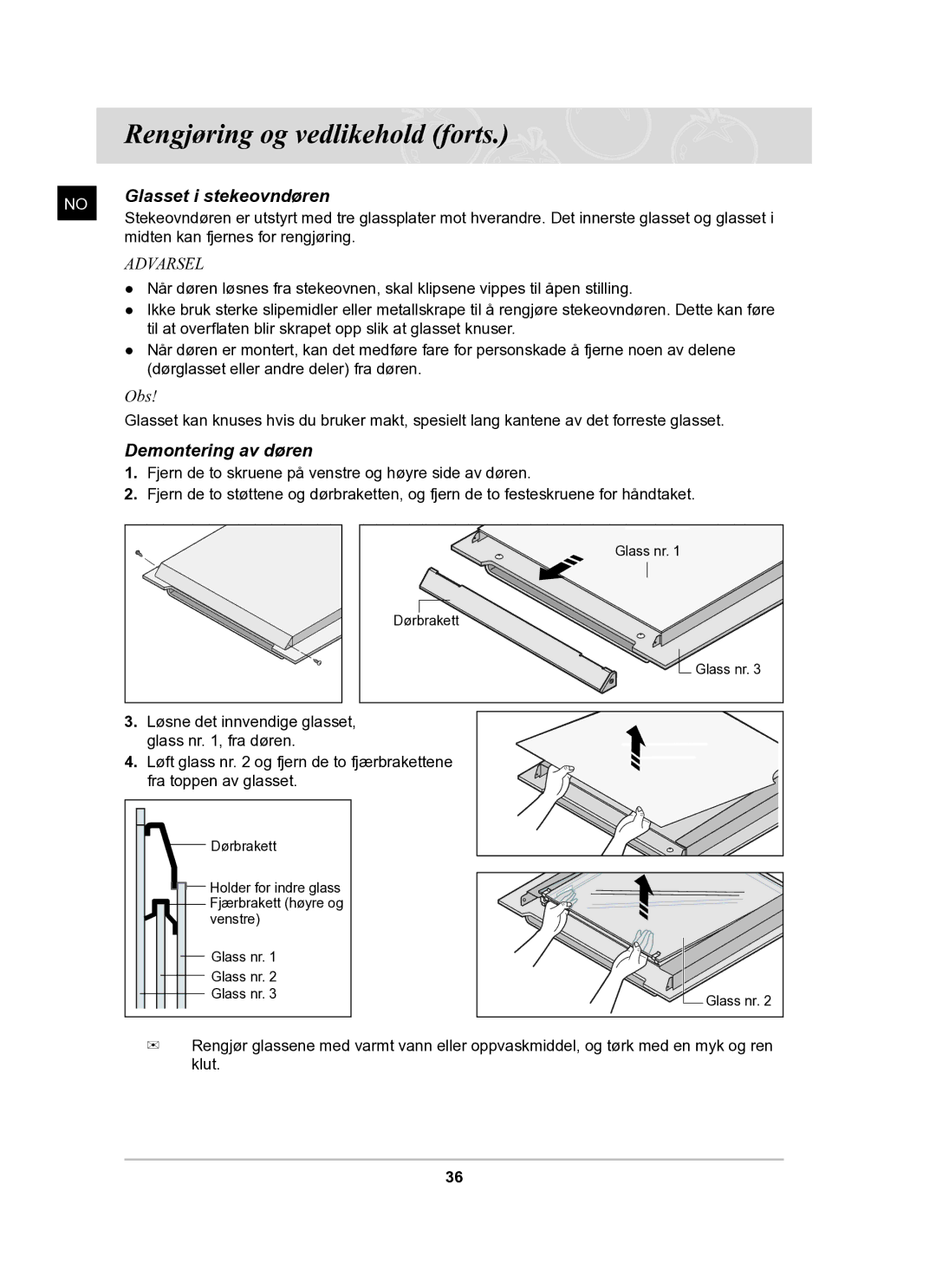 Samsung BF62CCBST/XEE manual Glasset i stekeovndøren, Demontering av døren 