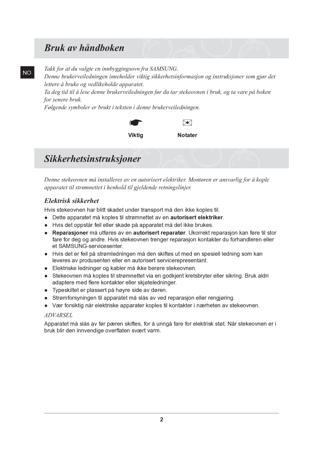 Samsung BF62CCBST/XEE manual Bruk av håndboken, Sikkerhetsinstruksjoner, Elektrisk sikkerhet, ViktigNotater 