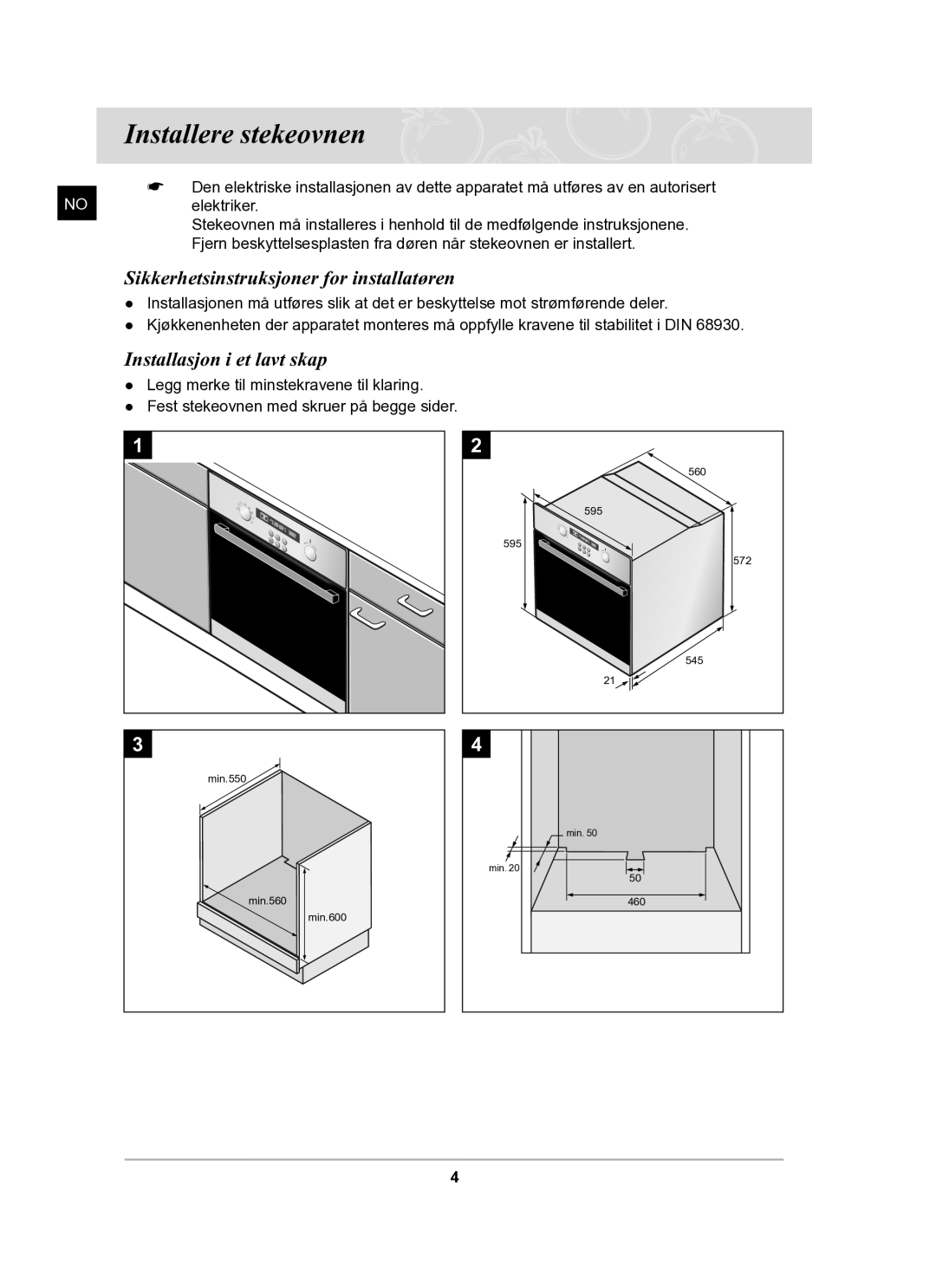 Samsung BF62CCBST/XEE manual Installere stekeovnen, Sikkerhetsinstruksjoner for installatøren, Installasjon i et lavt skap 